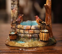 Early 20th Century Painted Ceramic Barbotine Well Sculpture with Birds