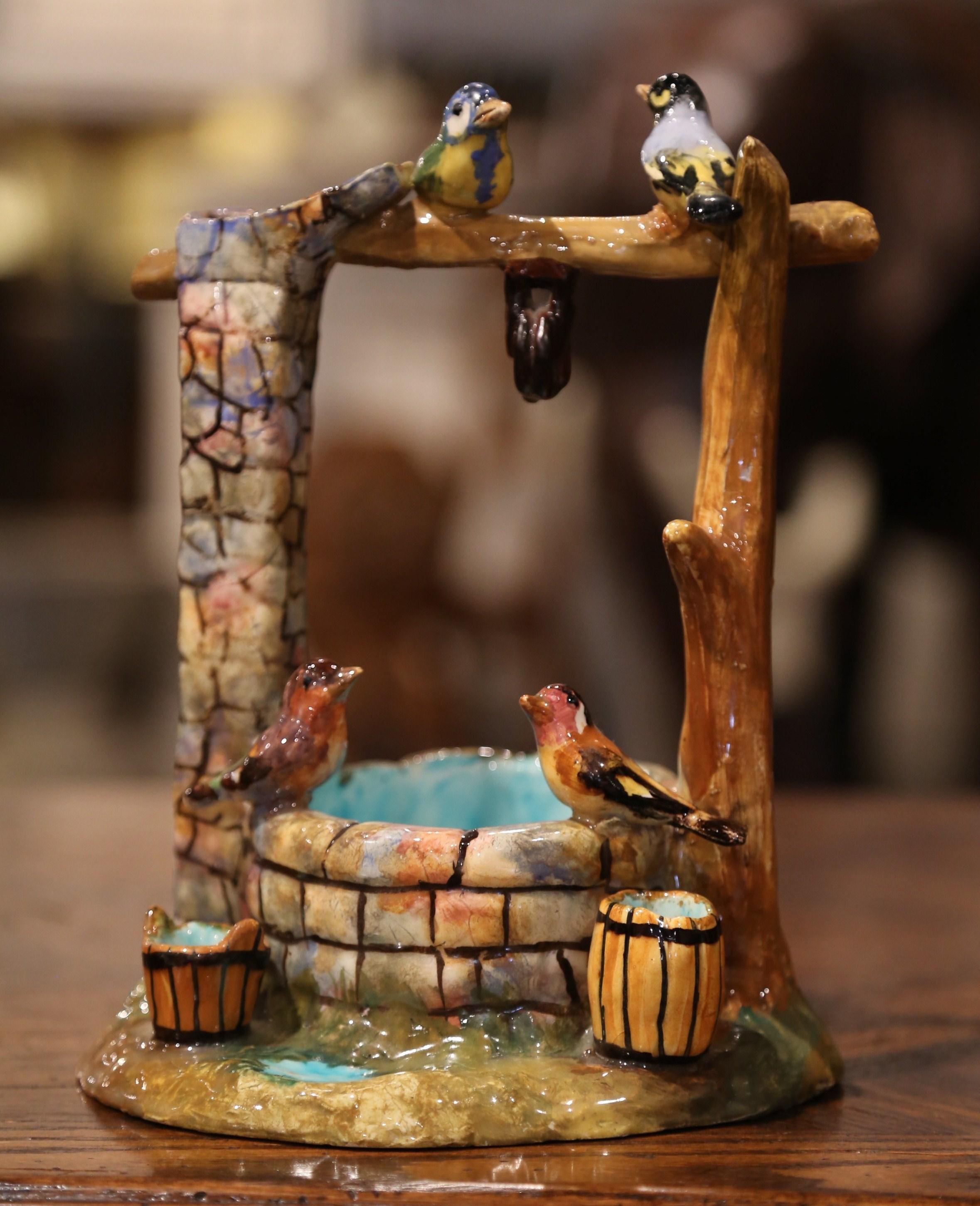 Early 20th Century Painted Ceramic Barbotine Well Sculpture with Birds In Excellent Condition In Dallas, TX