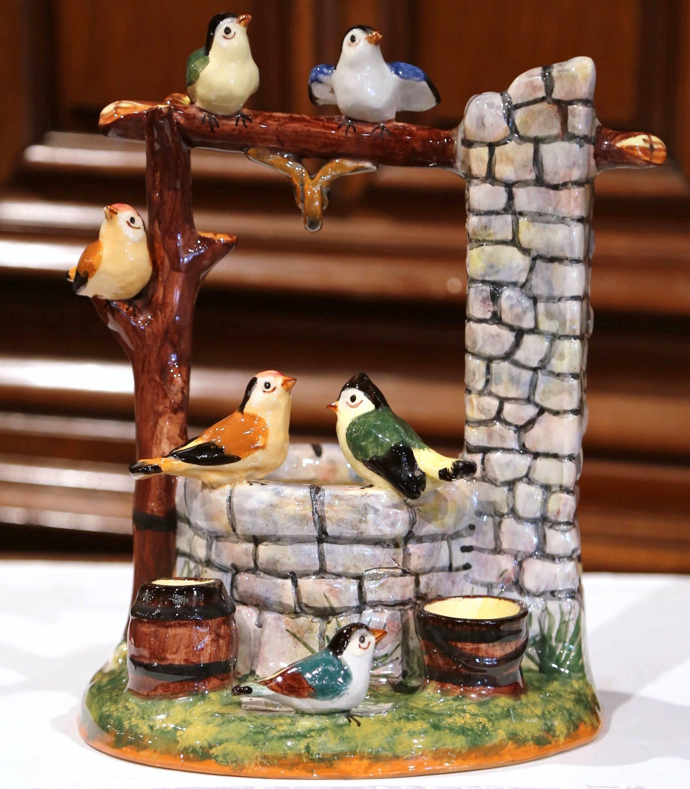 Hand-Crafted Early 20th Century Painted Ceramic Well Sculpture with Birds Stamped J. Massier
