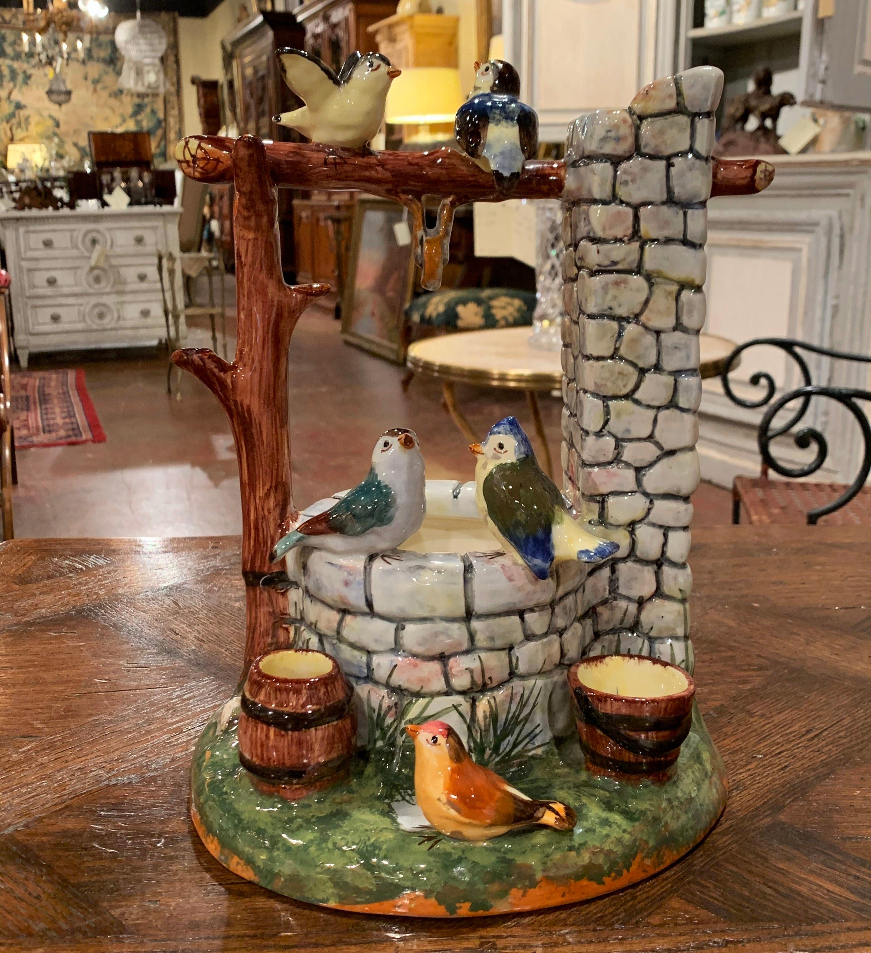 Early 20th Century Painted Ceramic Well Sculpture with Birds Stamped J. Massier In Excellent Condition In Dallas, TX