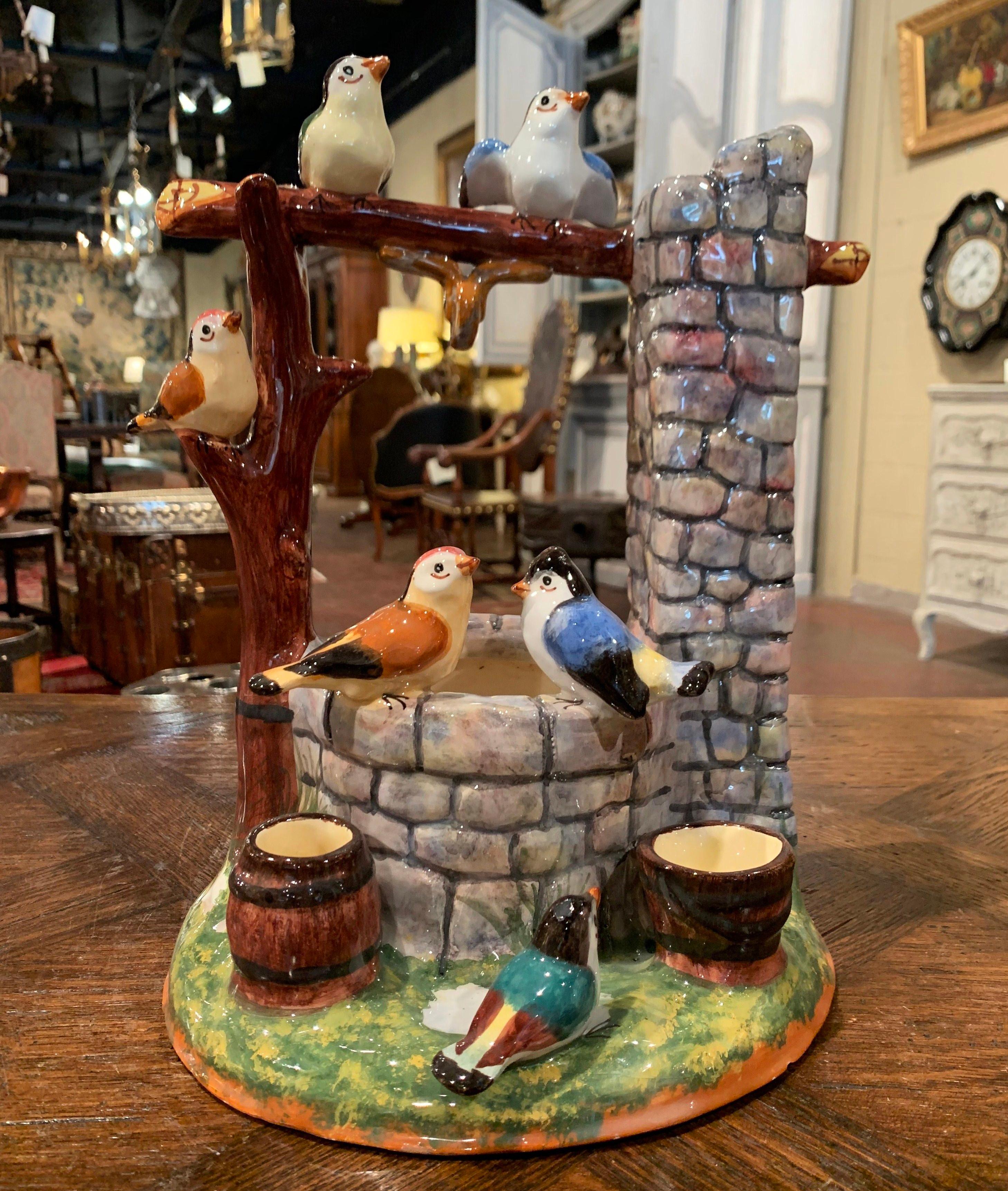 Early 20th Century Painted Ceramic Well Sculpture with Birds Stamped J. Massier In Excellent Condition In Dallas, TX