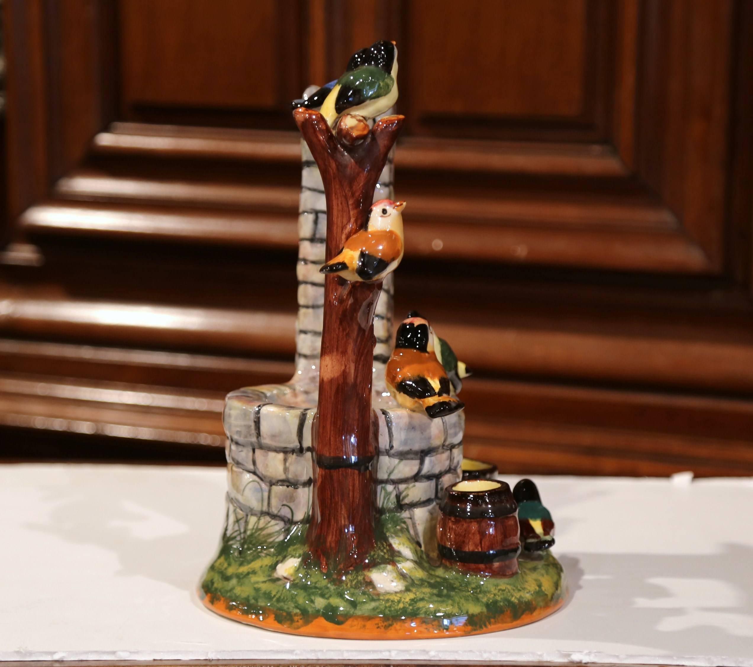 Early 20th Century Painted Ceramic Well Sculpture with Birds Stamped J. Massier 2