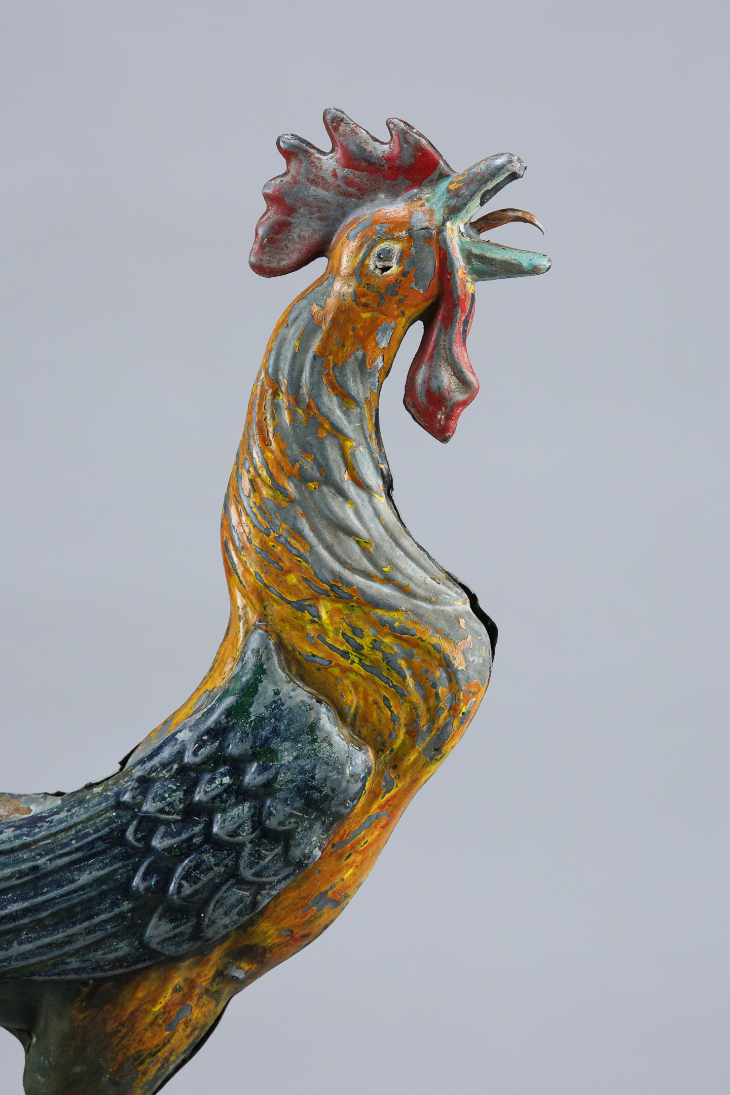 French Early 20th Century Painted Copper Cockerel Weathervane