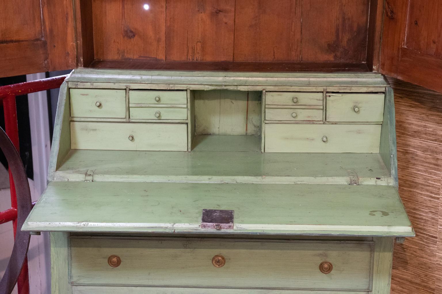 Early 20th Century Painted Green Gustavian Style Secretary, Bookcase 1