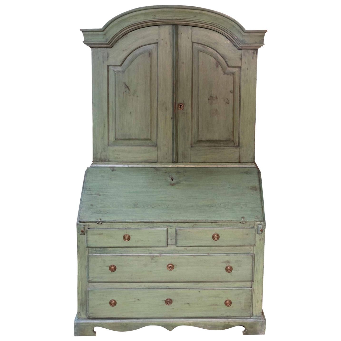 Early 20th Century Painted Green Gustavian Style Secretary, Bookcase
