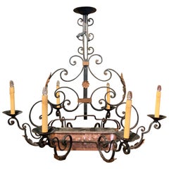 Early 20th Century Painted Iron Six-Light Chandelier with Copper Jardinière