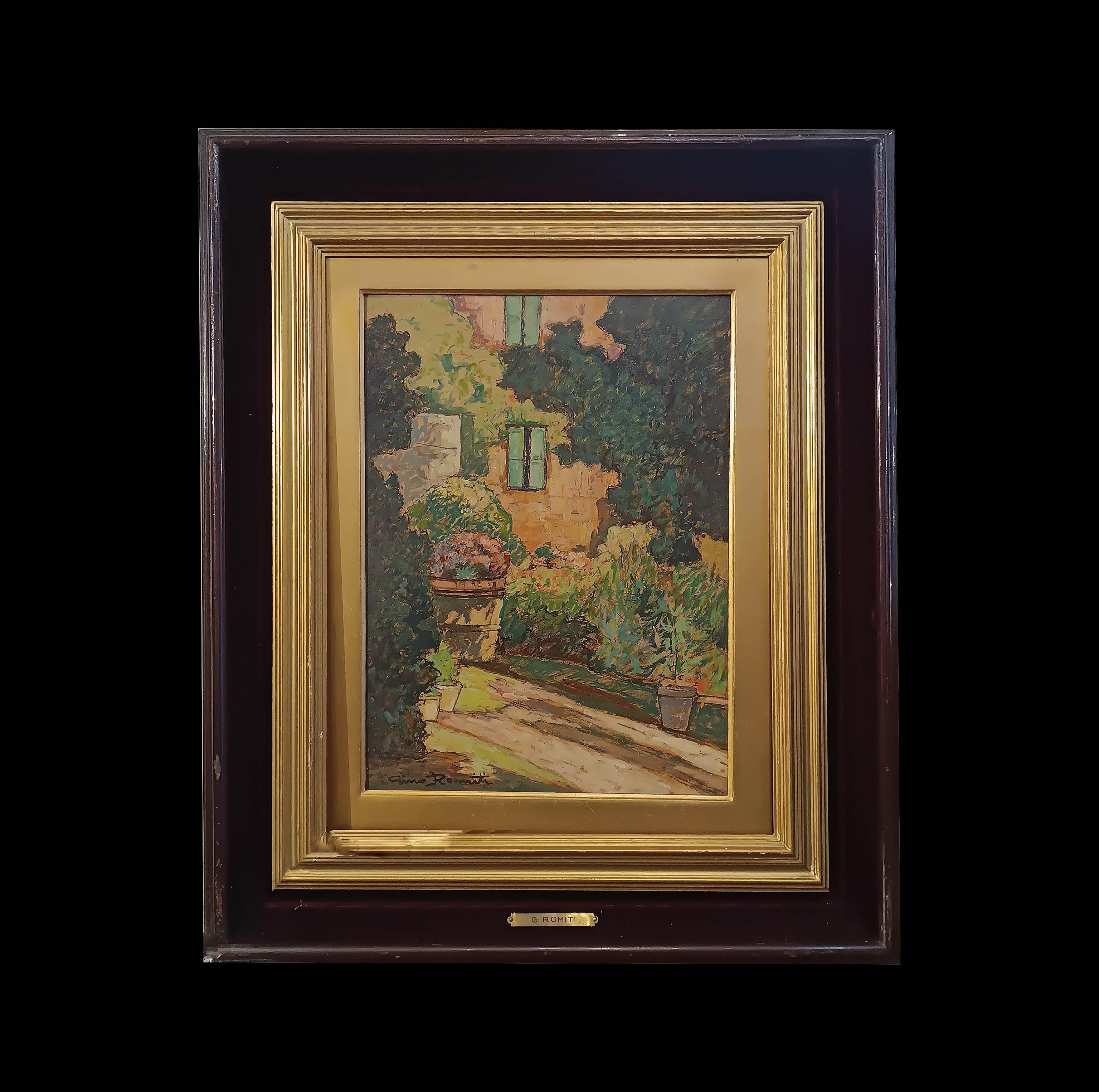 Splendid oil painting on a panel, framed in a carved and gilded wooden frame, and accompanied by an elegant passe-partout. The work represents an enchanting glimpse of a house's garden, full of numerous plants, vases, flowers and some windows. The