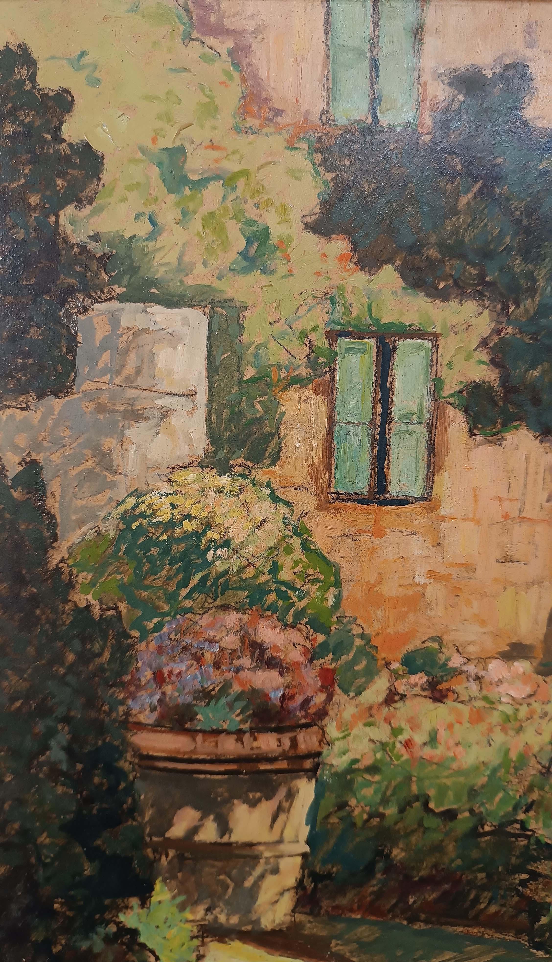 Wood EARLY 20th CENTURY PAINTING GLIMMER OF GARDEN For Sale