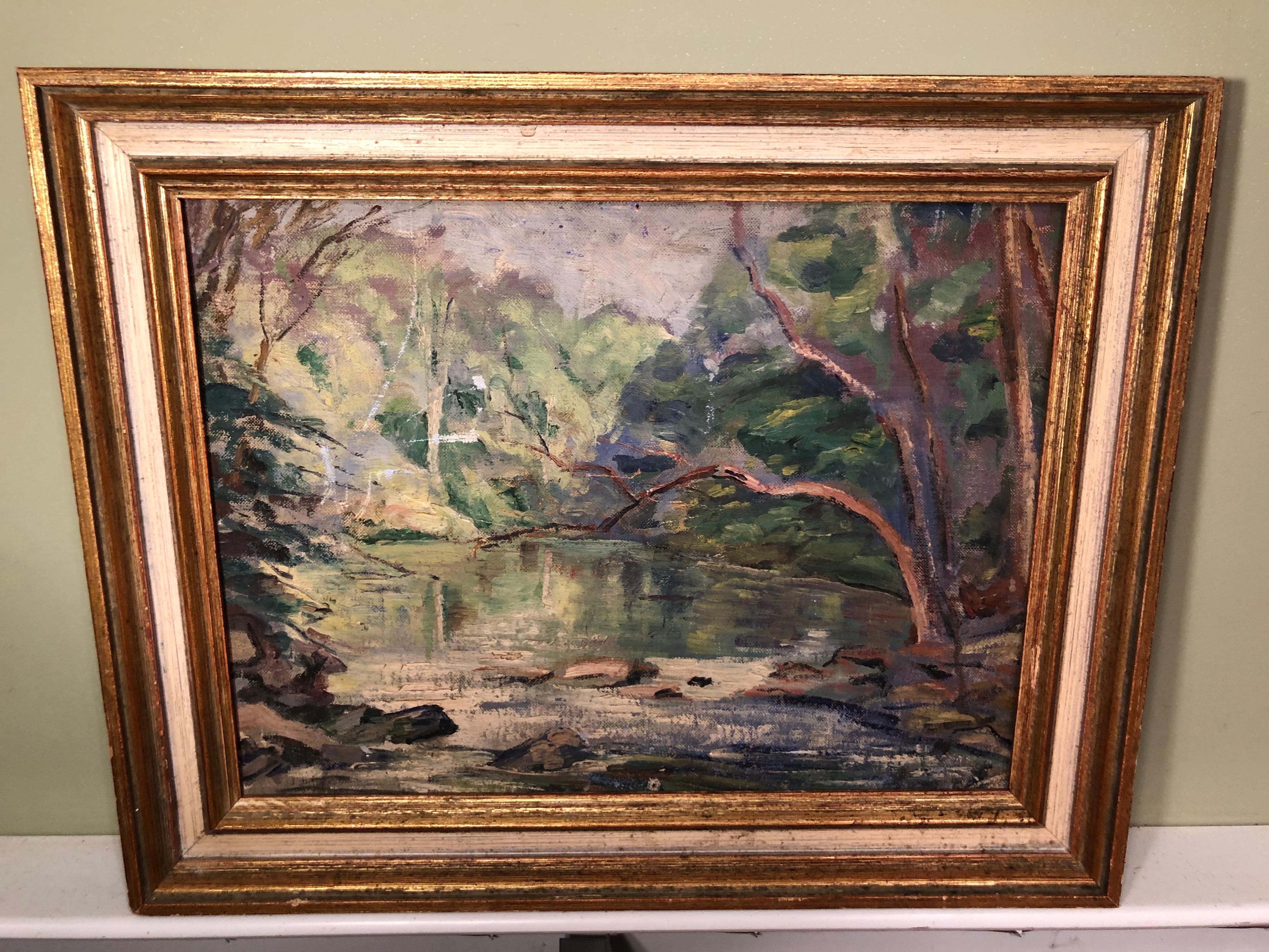Early 20th century painting of a stream. This sweet bucolic and idyllic setting brings a lot of peace to the viewer. Framed in a solid wooden frame.