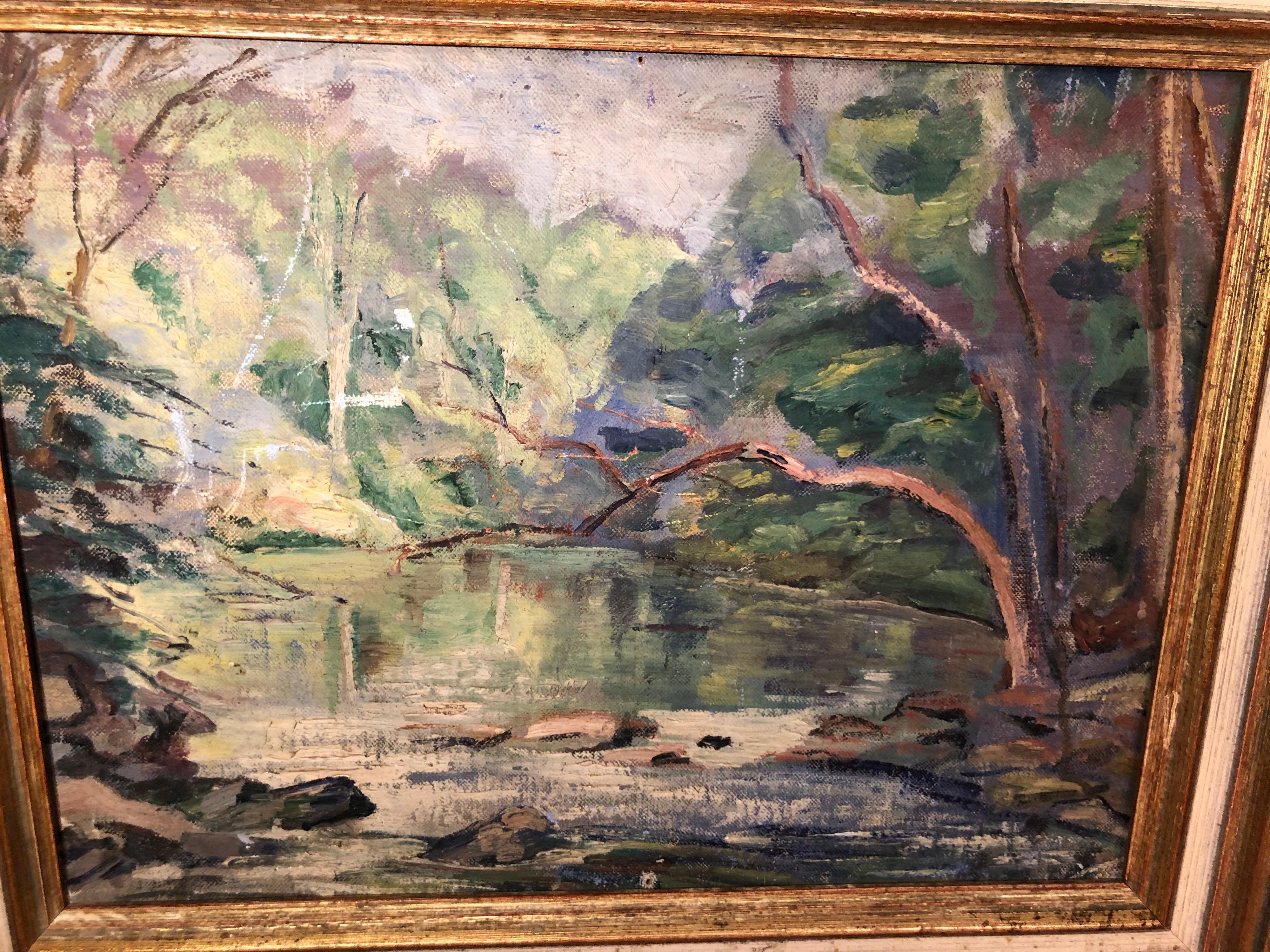 Wood Early 20th Century Painting of a Stream For Sale