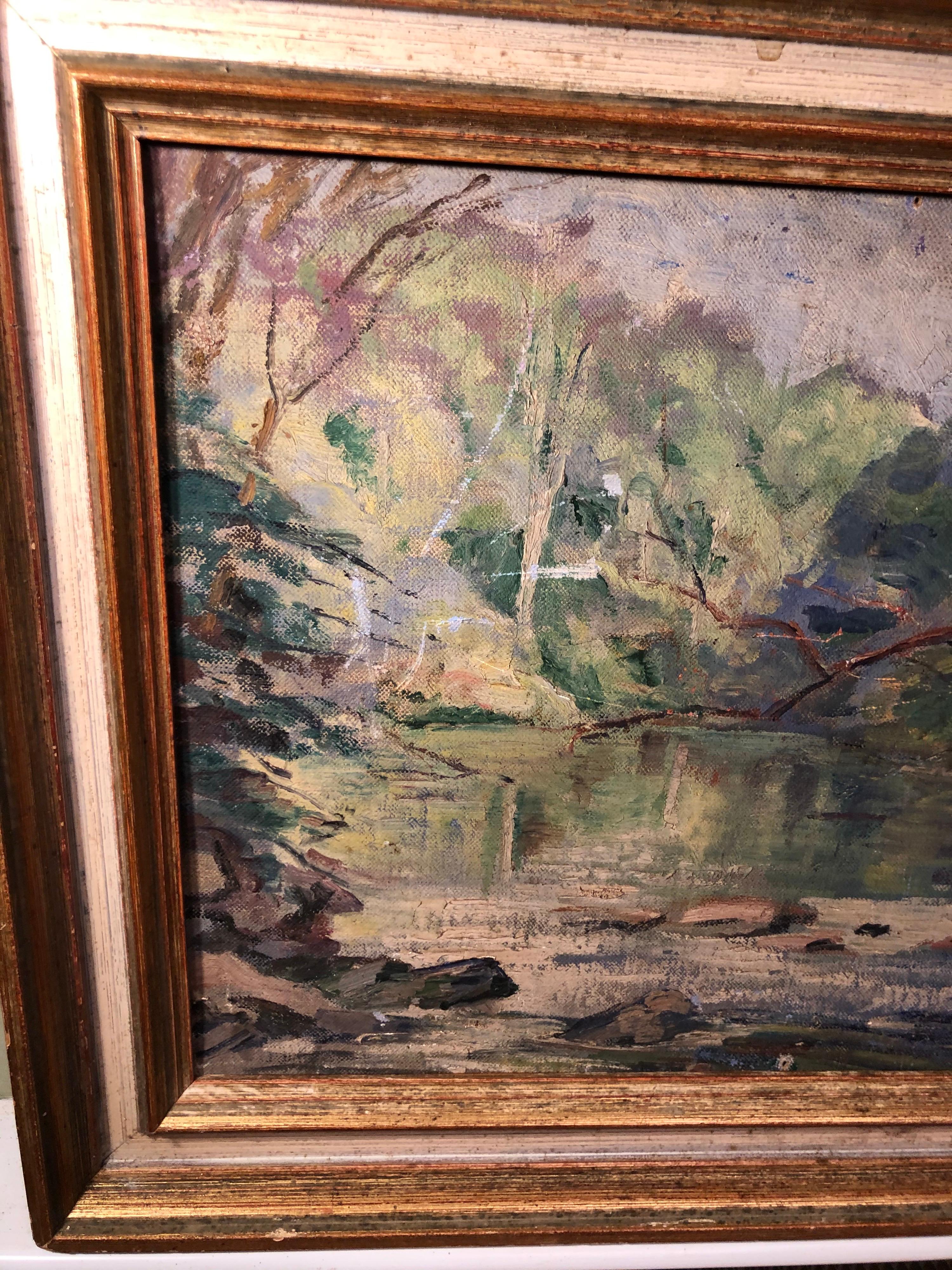 Bois Peinture du début du 20e siècle représentant un cours d'eau en vente