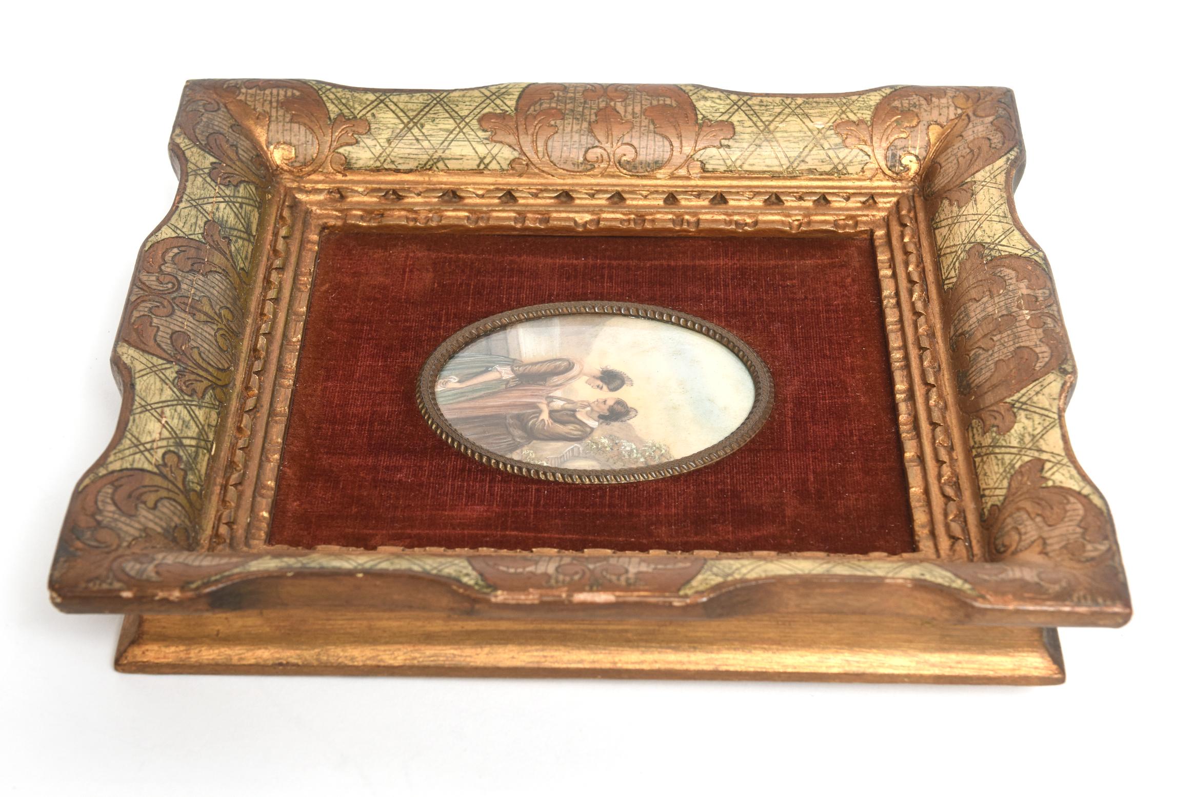 Velvet Early 20th Century Painting on Celluloid of Older and Younger Woman in Conversat For Sale