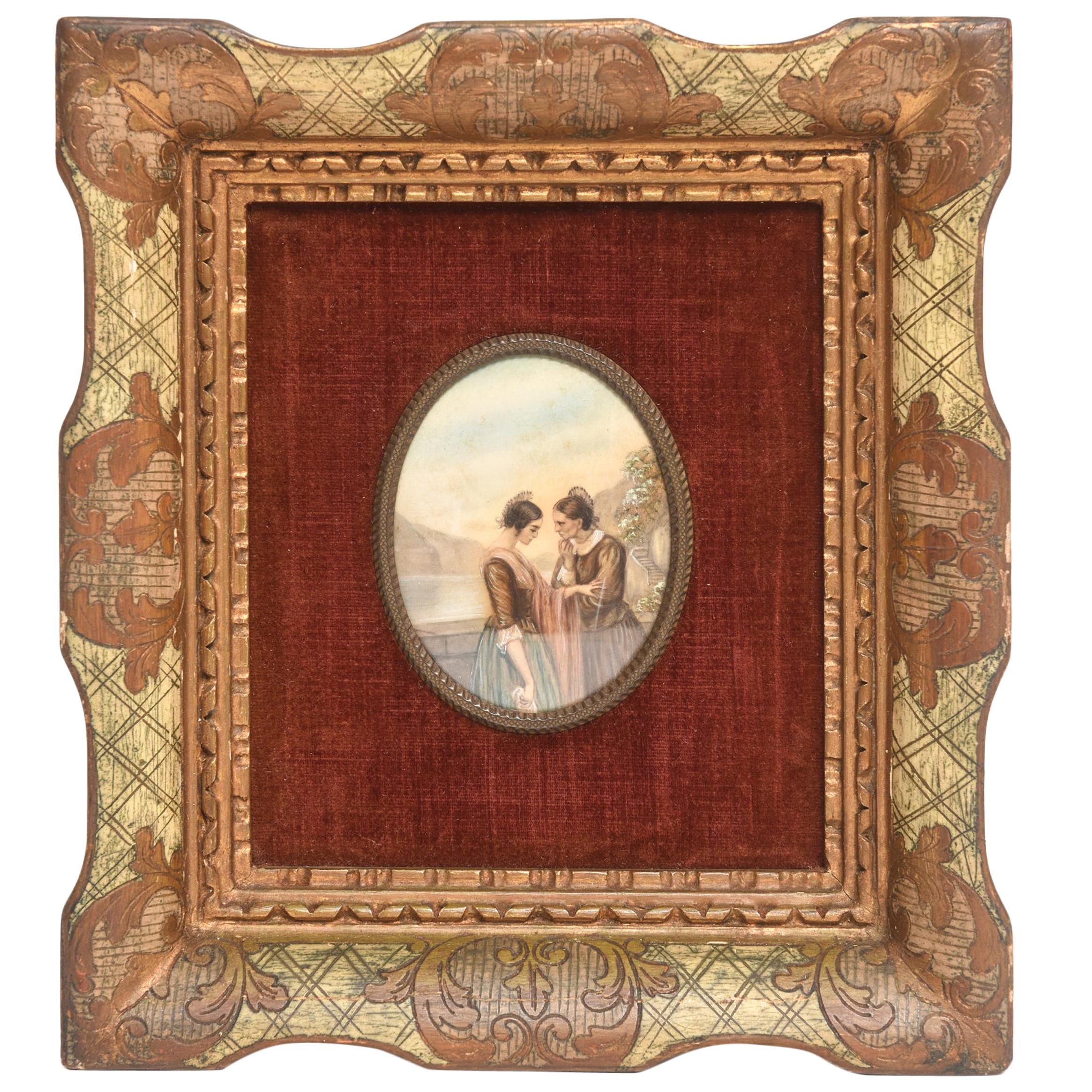 Early 20th Century Painting on Celluloid of Older and Younger Woman in Conversat For Sale