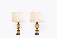 Early 20th Century Pair Amber Glass & Bronze Lamps