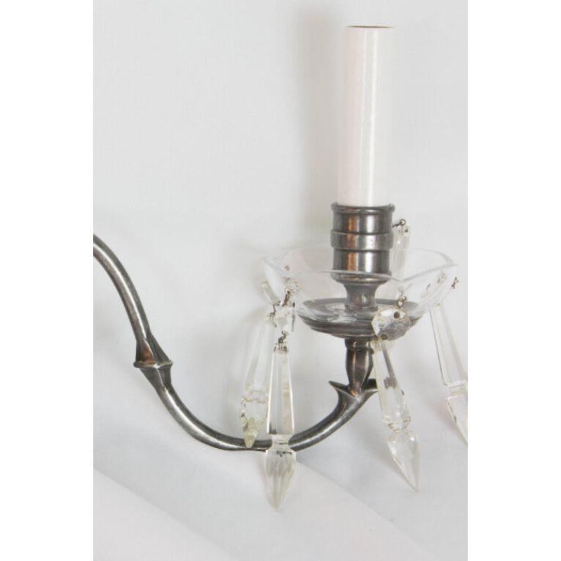 Beaux Arts Early 20th Century Pair Antique Nickel and Crystal Sconces For Sale