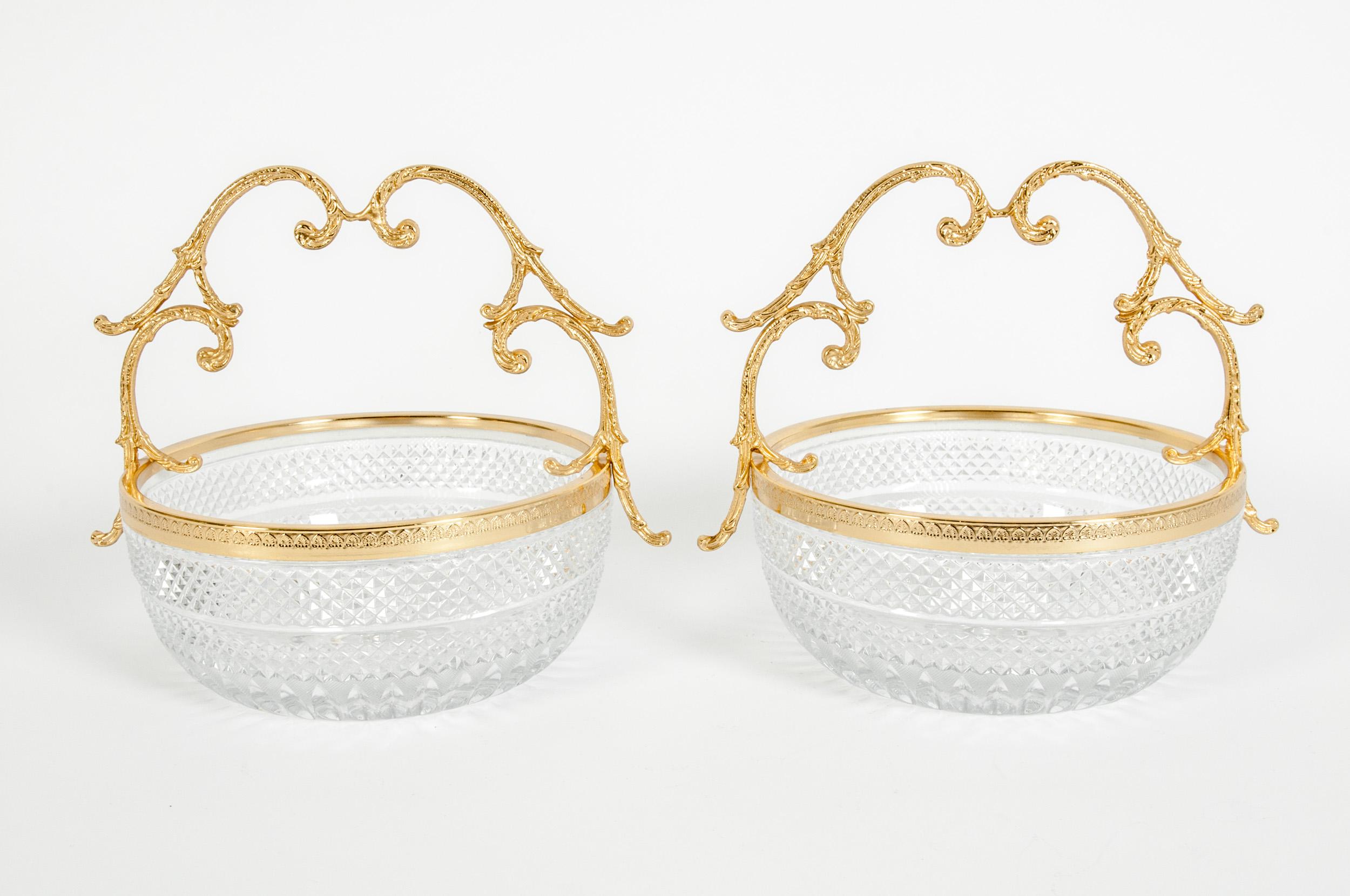 French Early 20th Century Pair of Cut Crystal / Gilt Bronze Handle Bowls / Pieces
