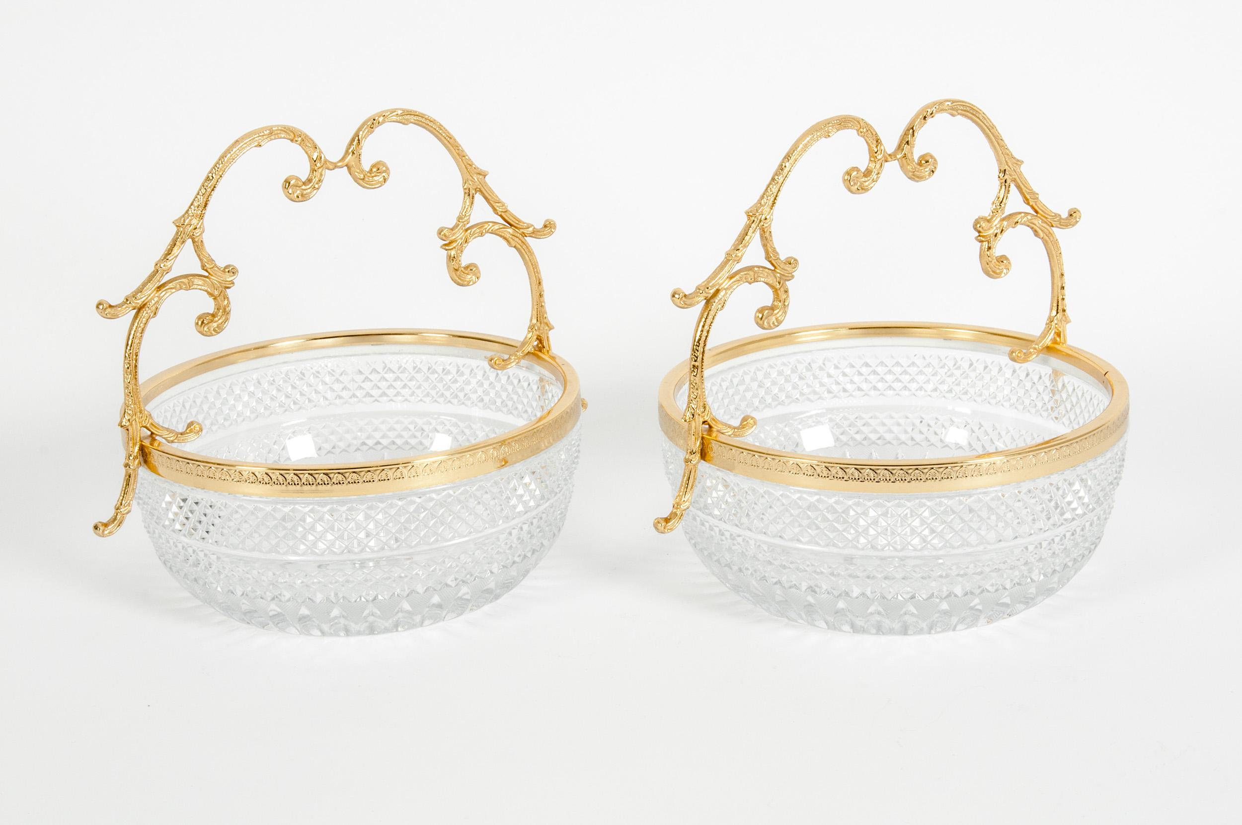 Early 20th Century Pair of Cut Crystal / Gilt Bronze Handle Bowls / Pieces In Good Condition In Tarry Town, NY