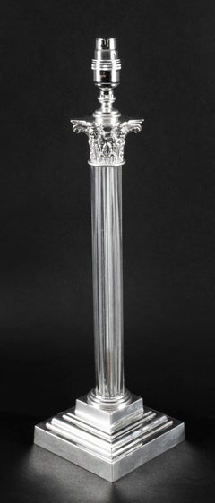 Early 20th Century Edwardian Silver Plated & Glass Corinthian Table Lamps, Pair