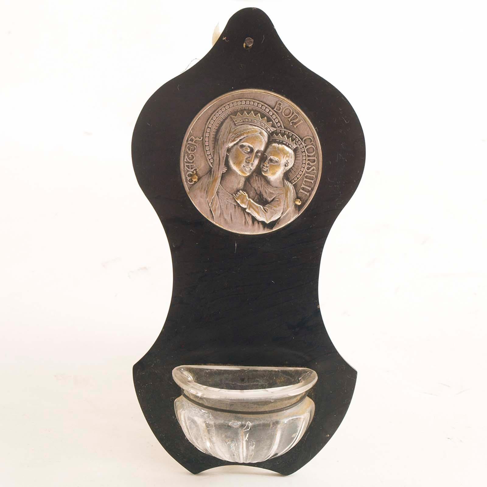 Art Decò age pair of Italian Holy Water font for nightstands in Bakelite, images in silver-plated brass and glass font.