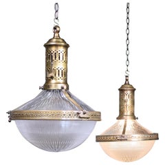 Early 20th Century Pair Large French Caged Brass Glass Holophane Lanterns Lights