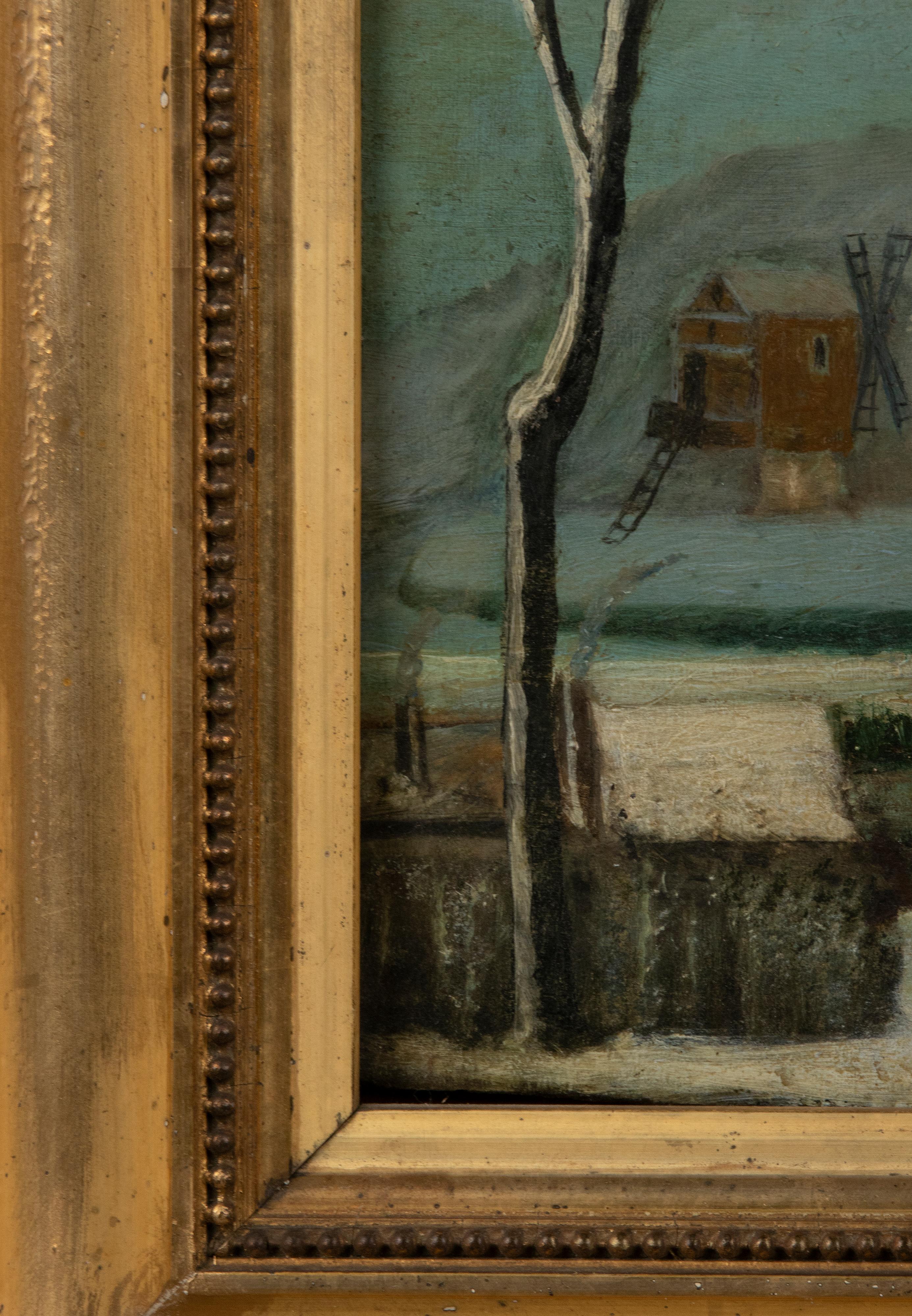 XX secolo Coppia di dipinti a olio di paesaggi invernali naif dei primi del Novecento