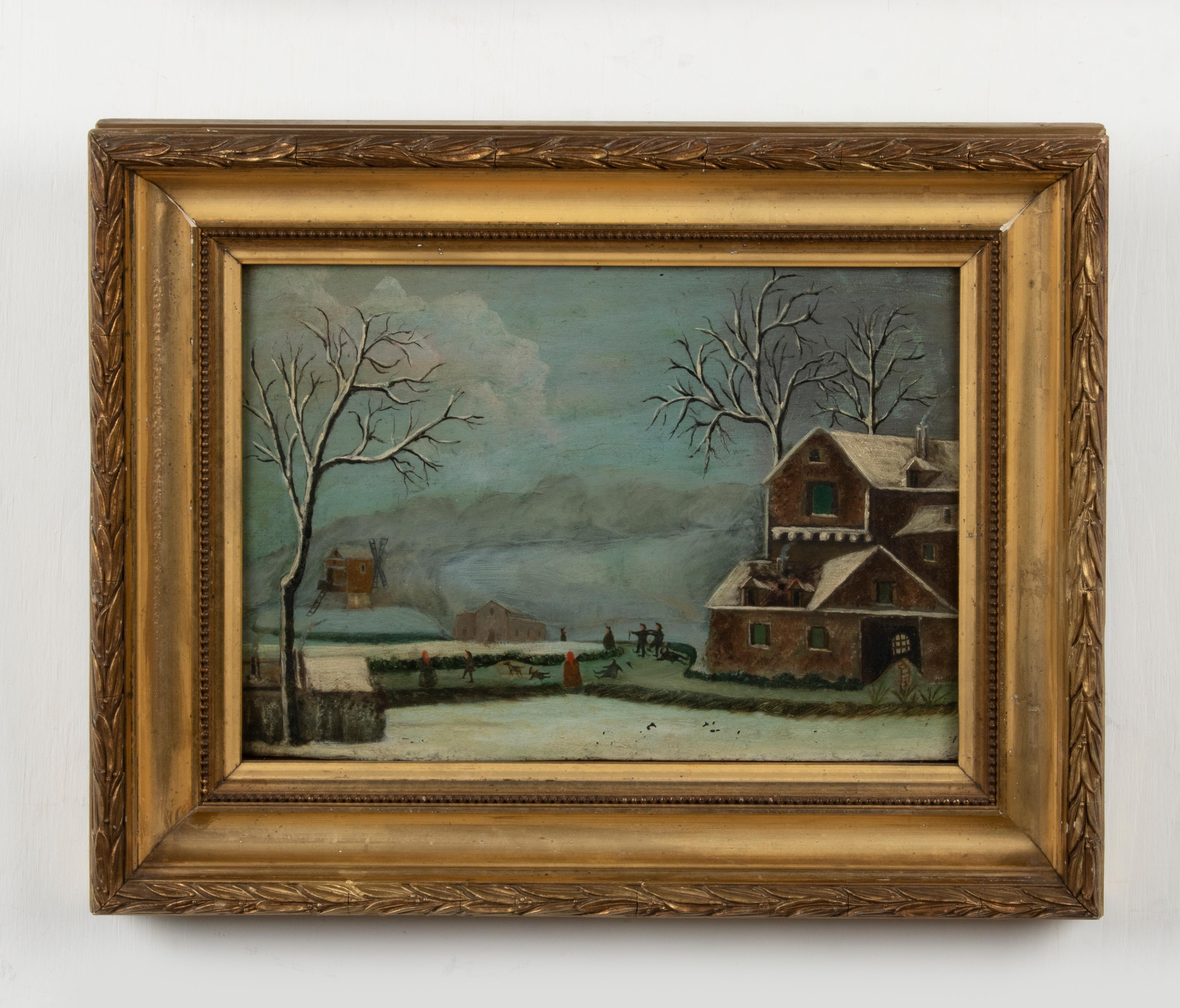 Belle Époque Early 20th Century Pair Naive Winter Landscape Oil Paintings