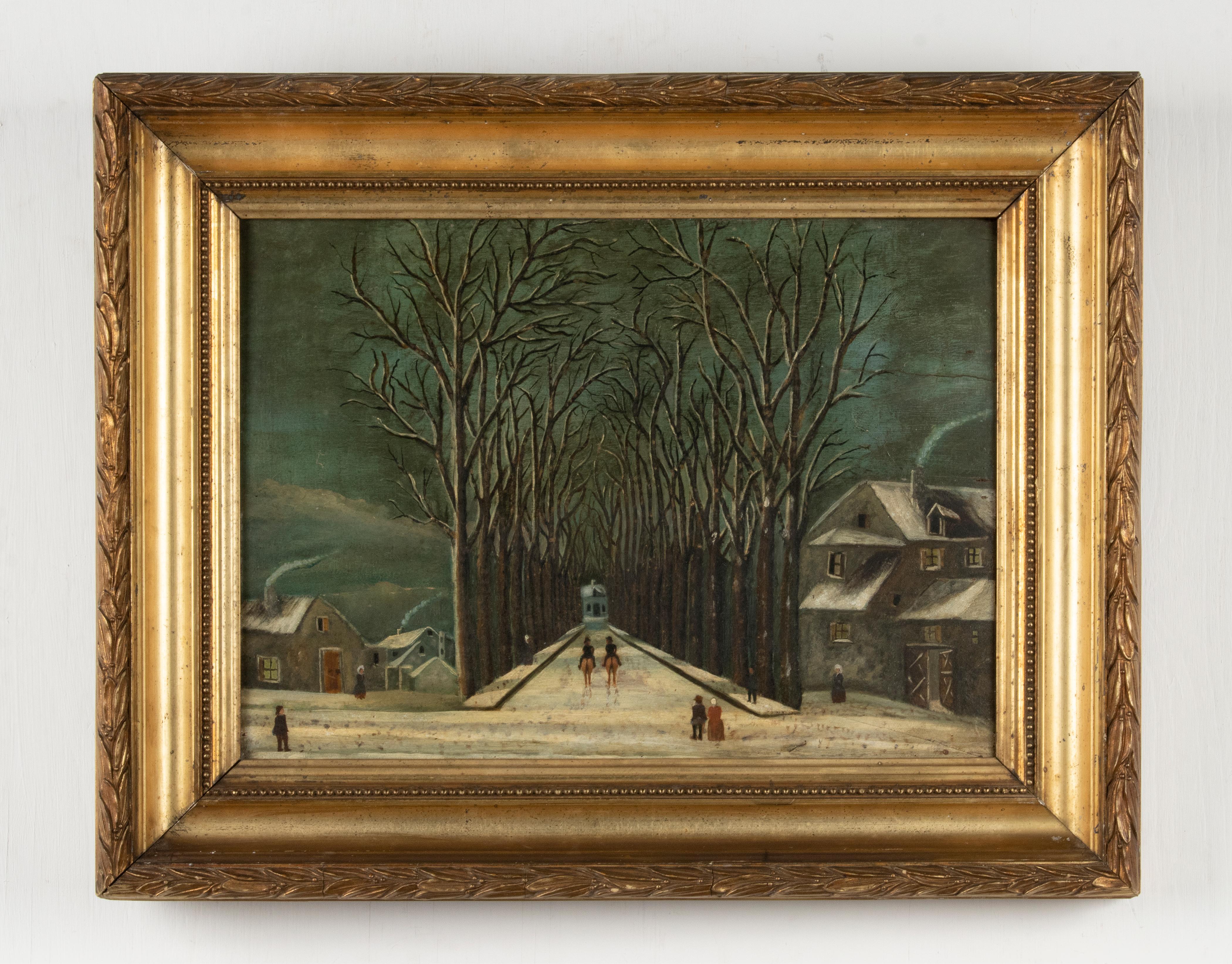 Hand-Painted Early 20th Century Pair Naive Winter Landscape Oil Paintings
