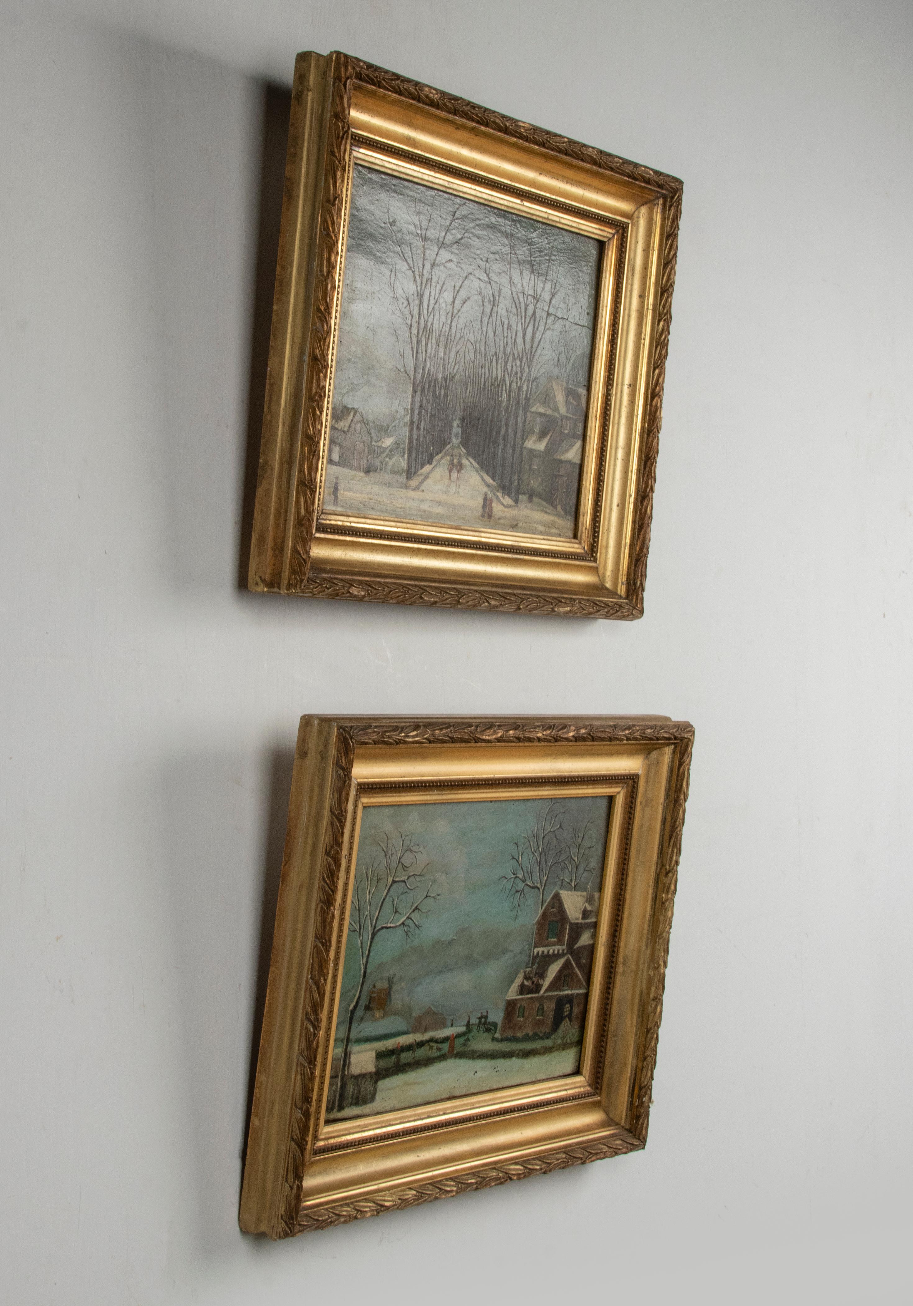Early 20th Century Pair Naive Winter Landscape Oil Paintings 1