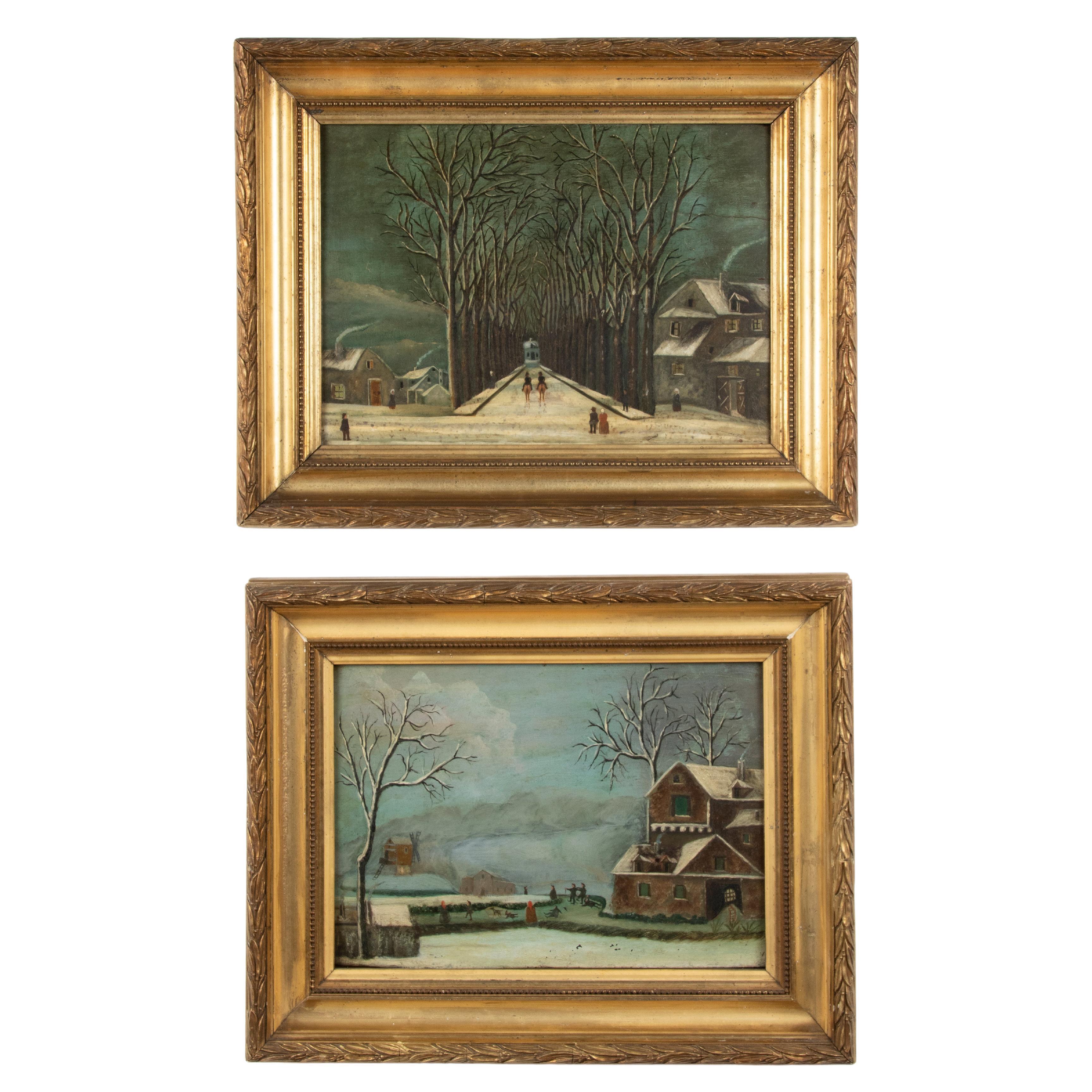 Early 20th Century Pair Naive Winter Landscape Oil Paintings