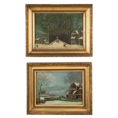Coppia di dipinti a olio di paesaggi invernali naif dei primi del Novecento