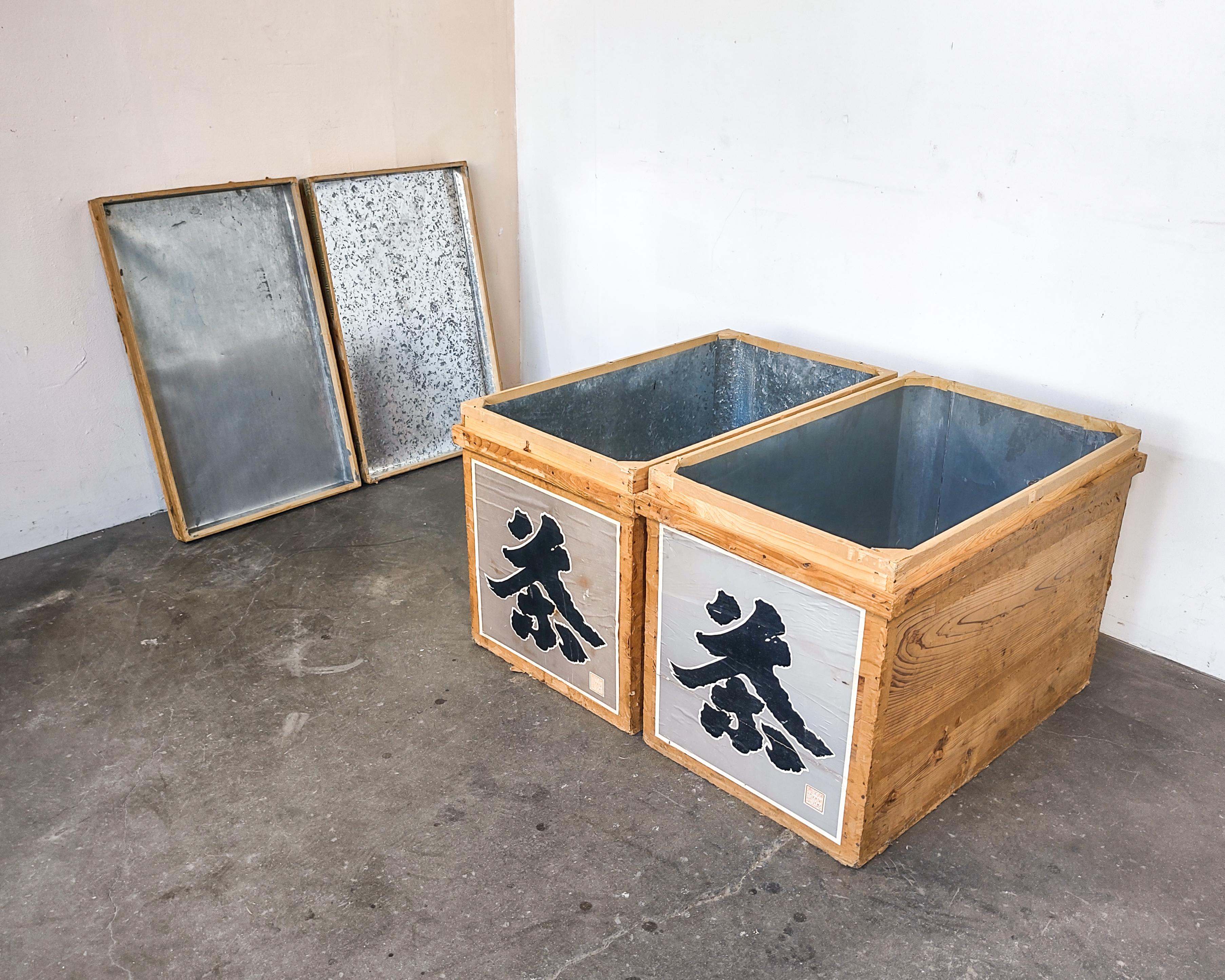 Sheet Metal Early 20th Century Pair of '2' Japanese Tea Crates with Tin Lining