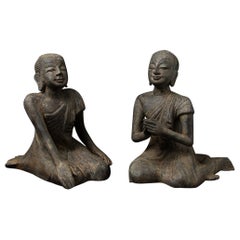 Early 20th century Pair of antique bronze Burmese Monk statues from Burma