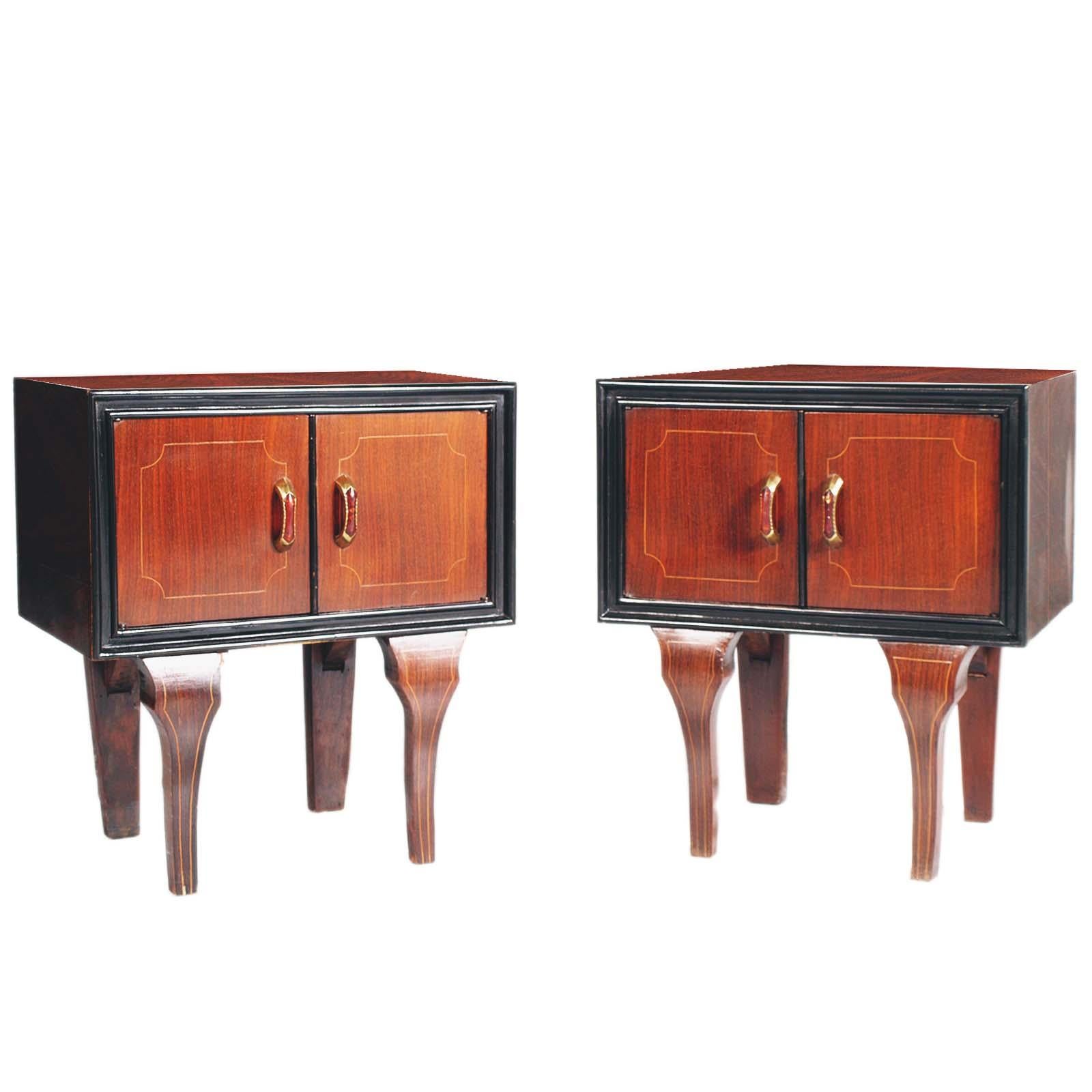 Pair of art decò nightstands , early 1900s by Testolini Frères Venice, two-tone walnut veneer and with beech inlay. Golden metal handles embellished with a bakelite insert, a precious synthetic resin for those times to replace jade and