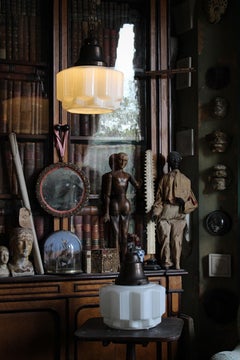 Early 20th Century Pair of Art Deco Opaline  Brass Pendants Lights