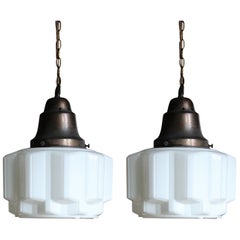 Antique Early 20th Century Pair of Art Deco Opaline  Brass Pendants Lights