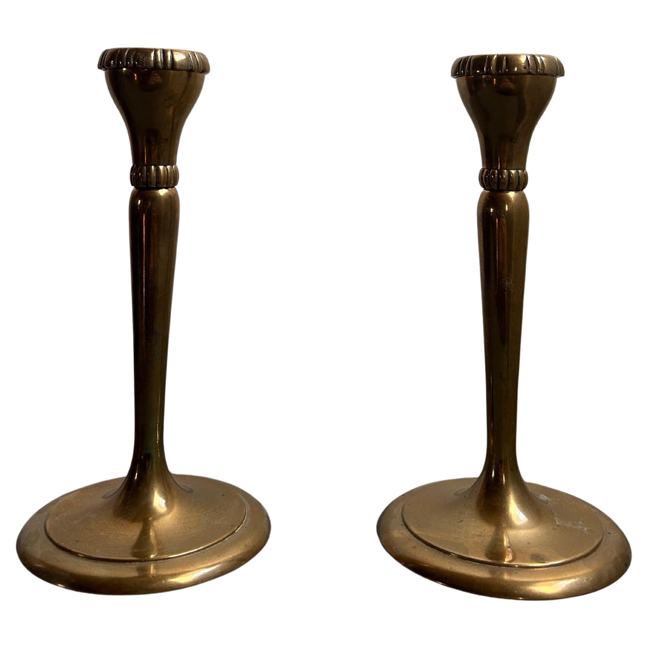 Early 20th Century Pair of Arts and Crafts Bronze Candle Holders, Mogens Ballin For Sale