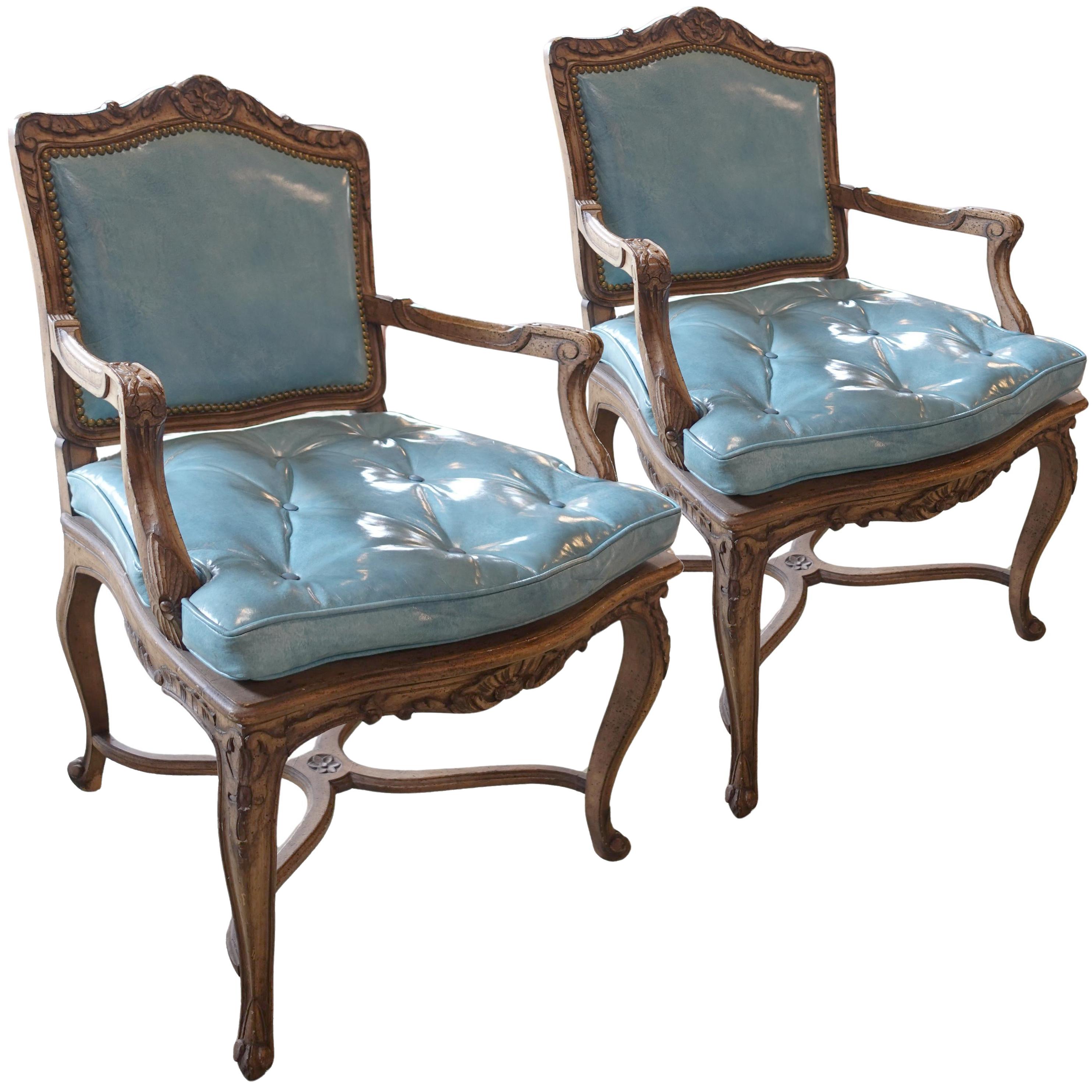 Early 20th century Pair of Blue Naugahyde Louis XV style Chairs Bon état - En vente à Leesburg, VA