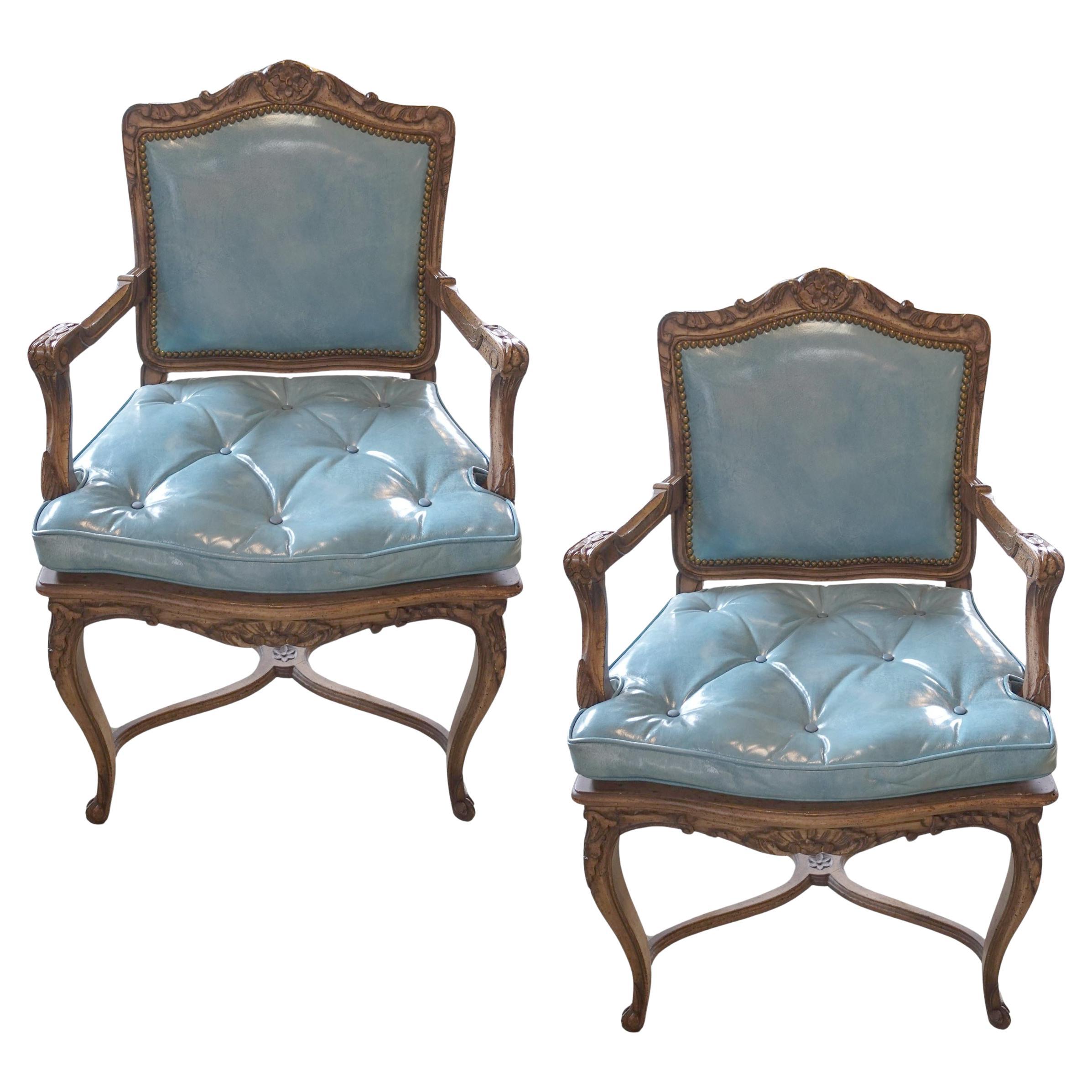 Early 20th century Pair of Blue Naugahyde Louis XV style Chairs en vente