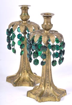 Early 20th Century Pair of Brass Candlesticks with Green Crystal Drops