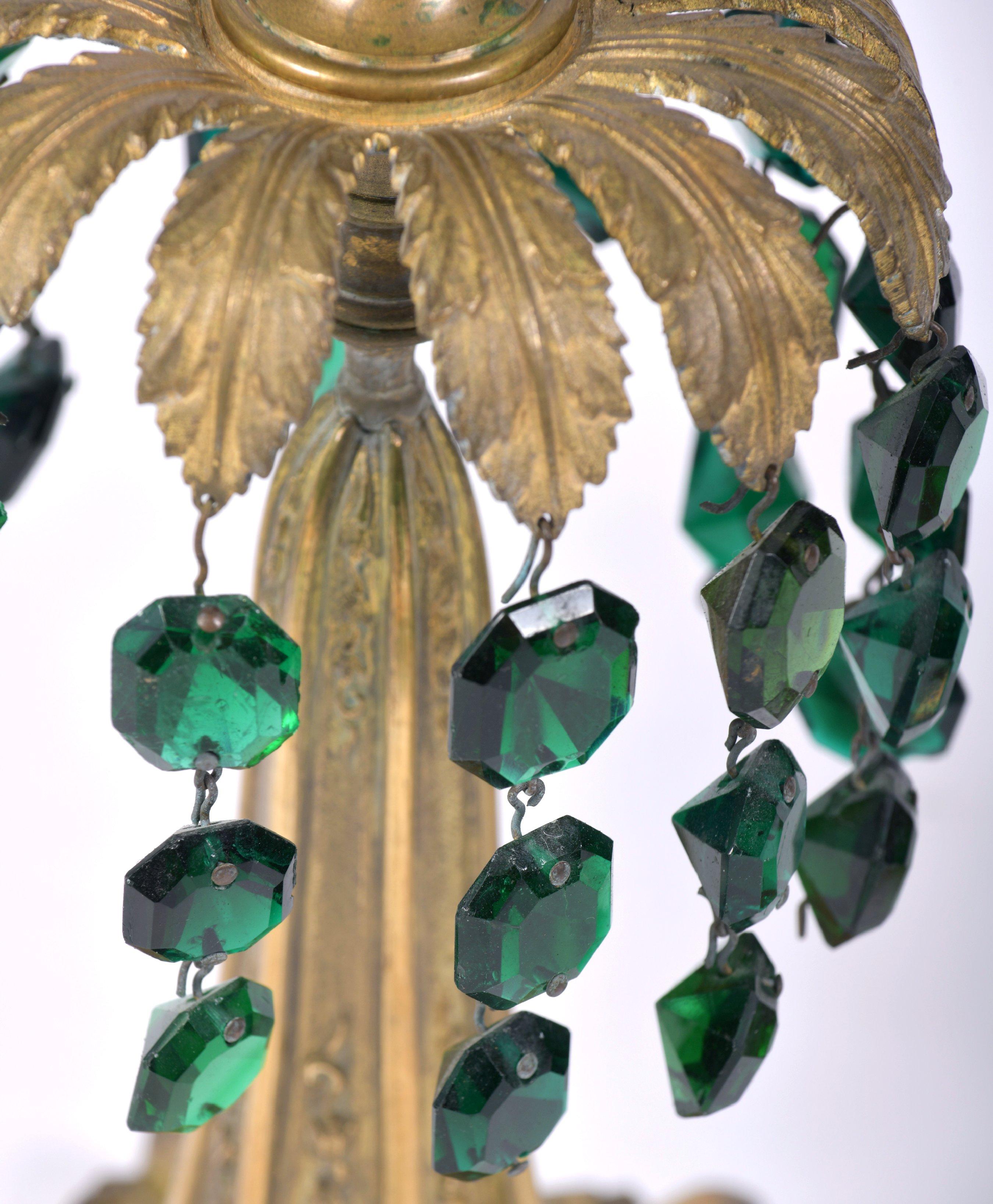 Early 20th Century Pair of Brass Candlesticks with Green Crystal Drops 1