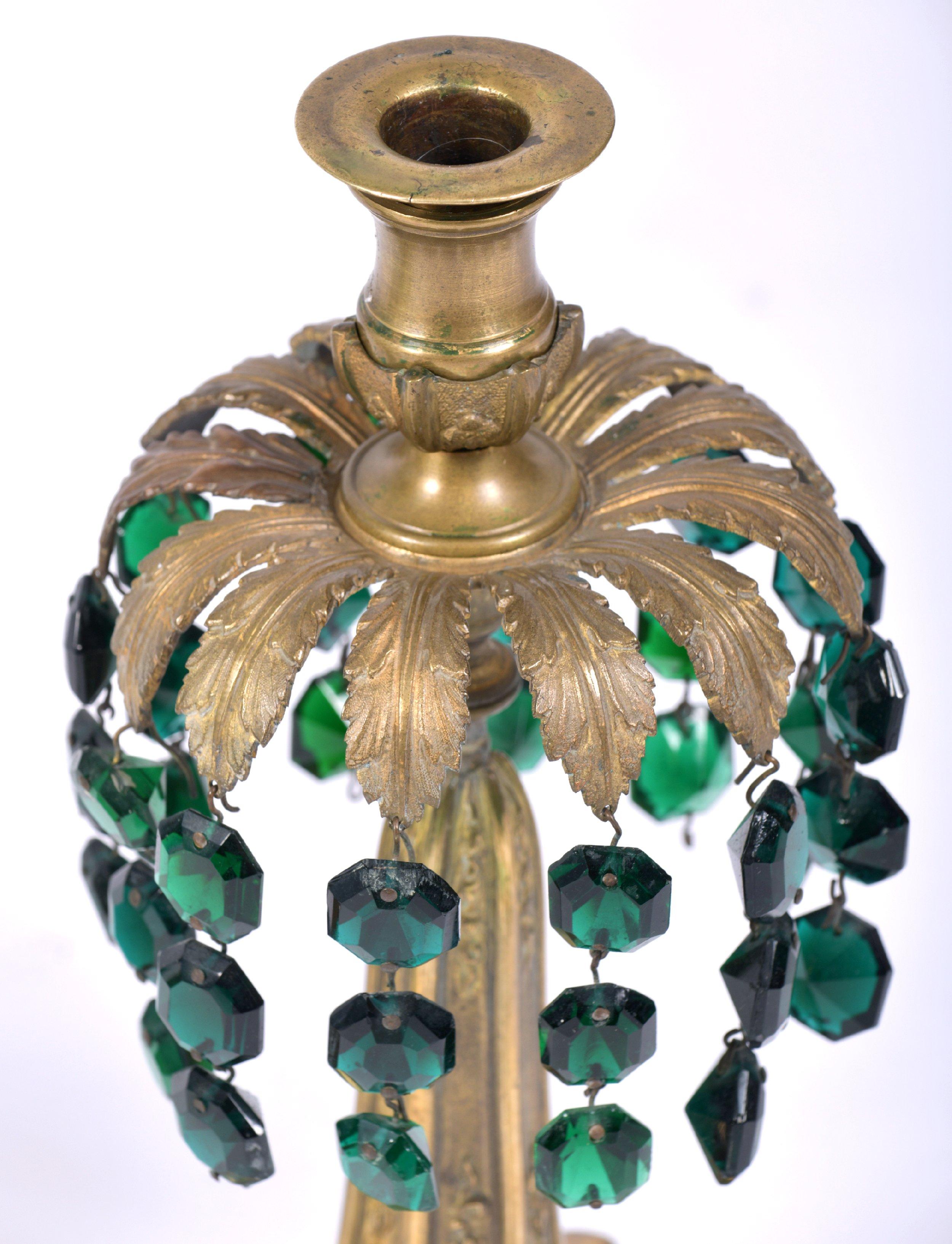 Early 20th Century Pair of Brass Candlesticks with Green Crystal Drops 2