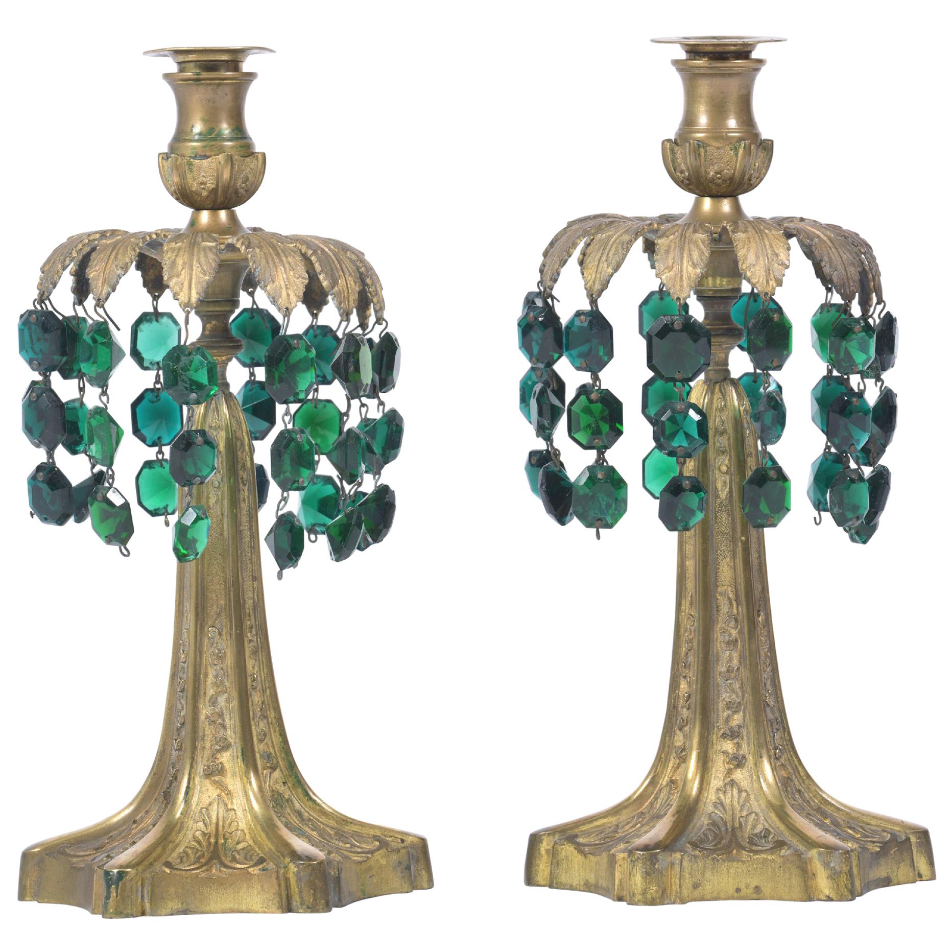 Early 20th Century Pair of Brass Candlesticks with Green Crystal Drops