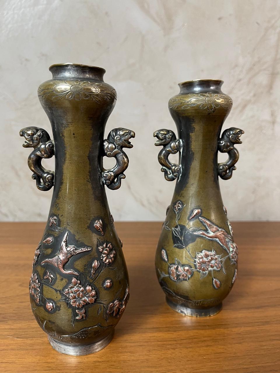Early 20th century Pair of Bronze and Copper Asian Vases, 1900s For Sale 5