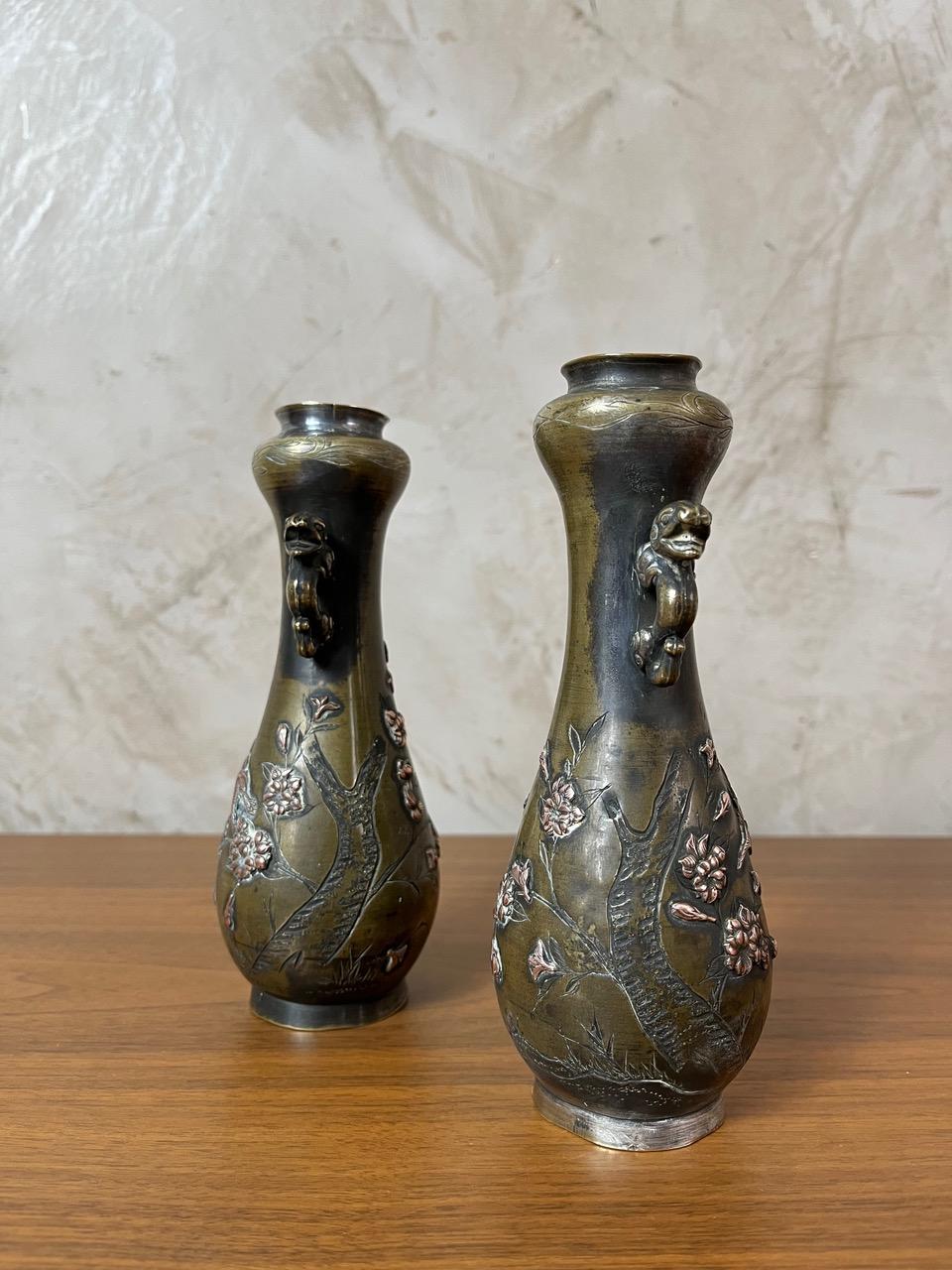 Chinese Early 20th century Pair of Bronze and Copper Asian Vases, 1900s For Sale
