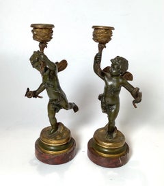 Early 20th Century Pair Of Bronze Cherub Candlesticks