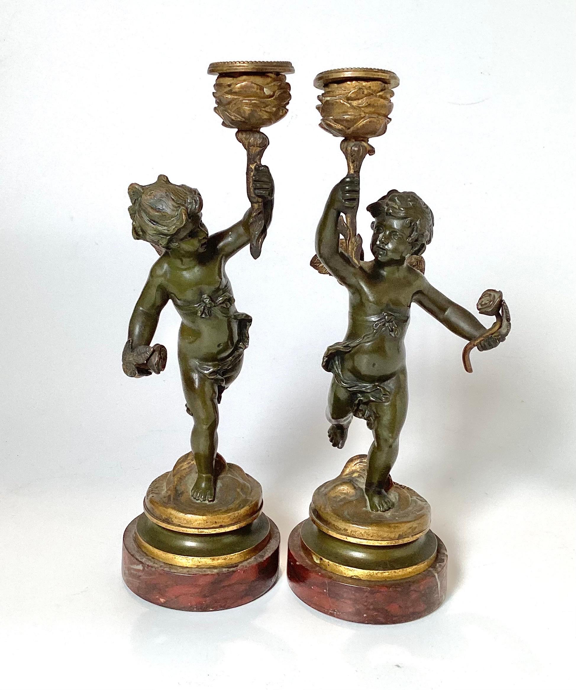 Belle Époque Early 20th Century Pair Of Bronze Cherub Candlesticks For Sale