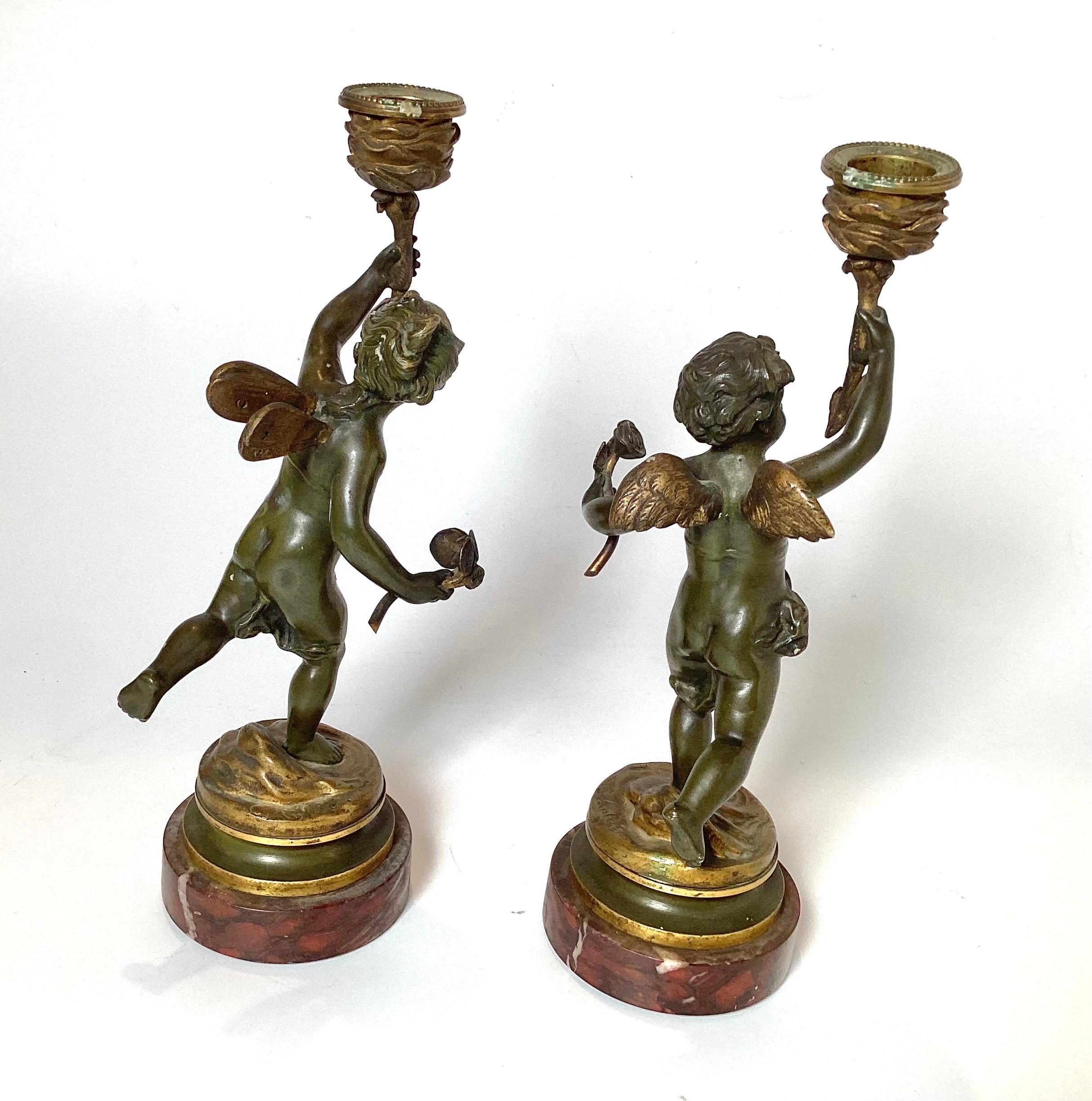 Early 20th Century Pair Of Bronze Cherub Candlesticks For Sale 1