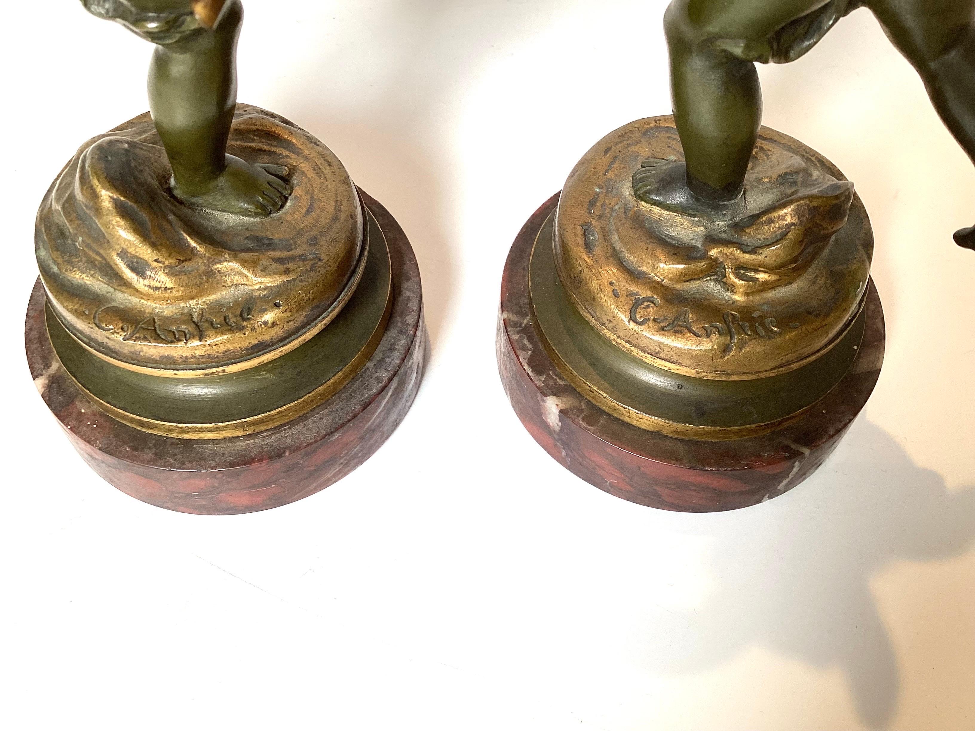 Early 20th Century Pair Of Bronze Cherub Candlesticks For Sale 3