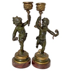 Antique Early 20th Century Pair Of Bronze Cherub Candlesticks