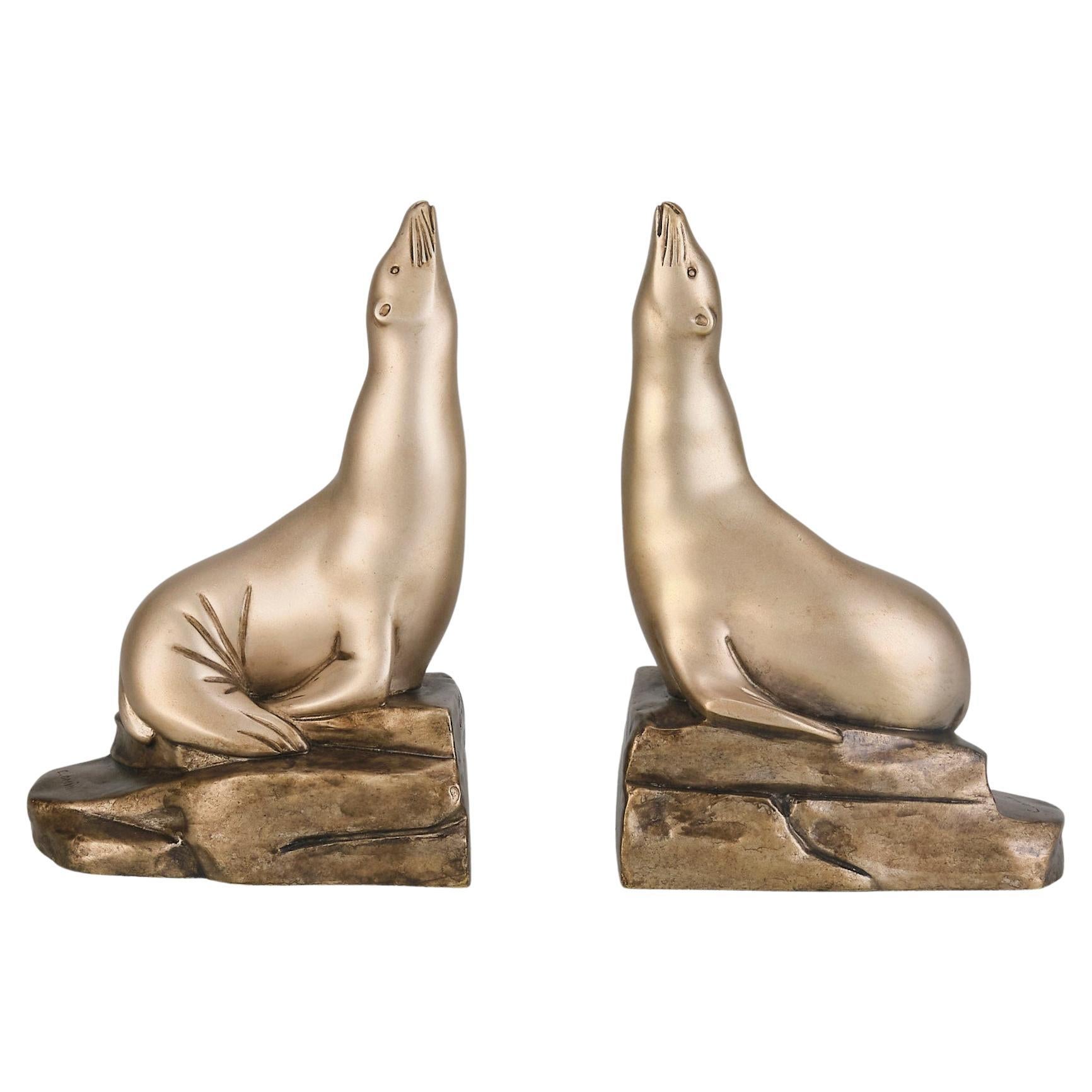 Early 20th Century Pair of Bronze "Sea Lion Bookends" by C Omin